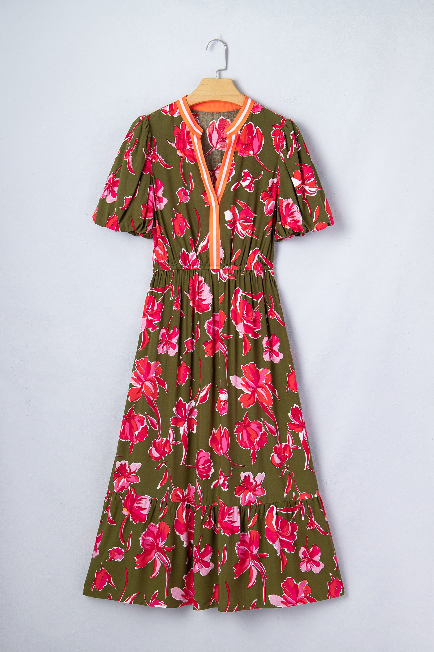 Green Floral Print Striped Trim Split Neck Short Puff Sleeve Ruffle Hem Maxi Dress-Dresses/Maxi Dresses-[Adult]-[Female]-2022 Online Blue Zone Planet