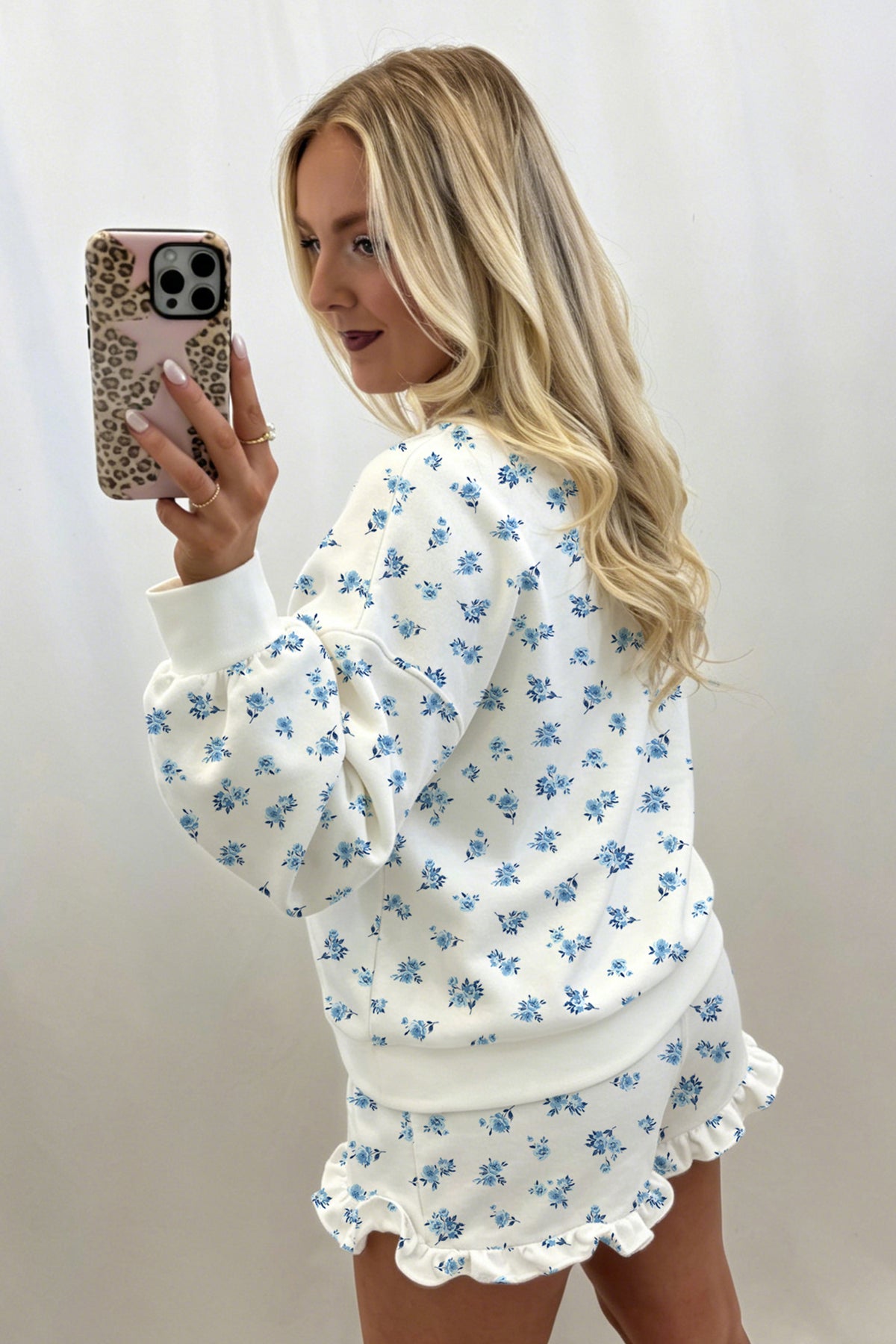 Sky Blue Floral Print Long Sleeve Top Elastic Waist Ruffle Hem Shorts 2pcs Set-Two Piece Sets/Short Sets-[Adult]-[Female]-2022 Online Blue Zone Planet
