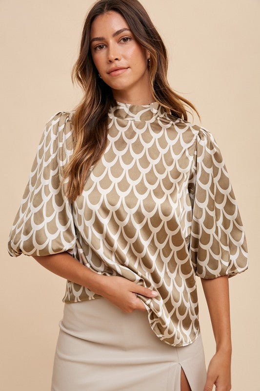 Annie Wear Tie Back Abstract Print Mock Neck Half Sleeve Blouse-TOPS / DRESSES-[Adult]-[Female]-Khaki-S-2022 Online Blue Zone Planet