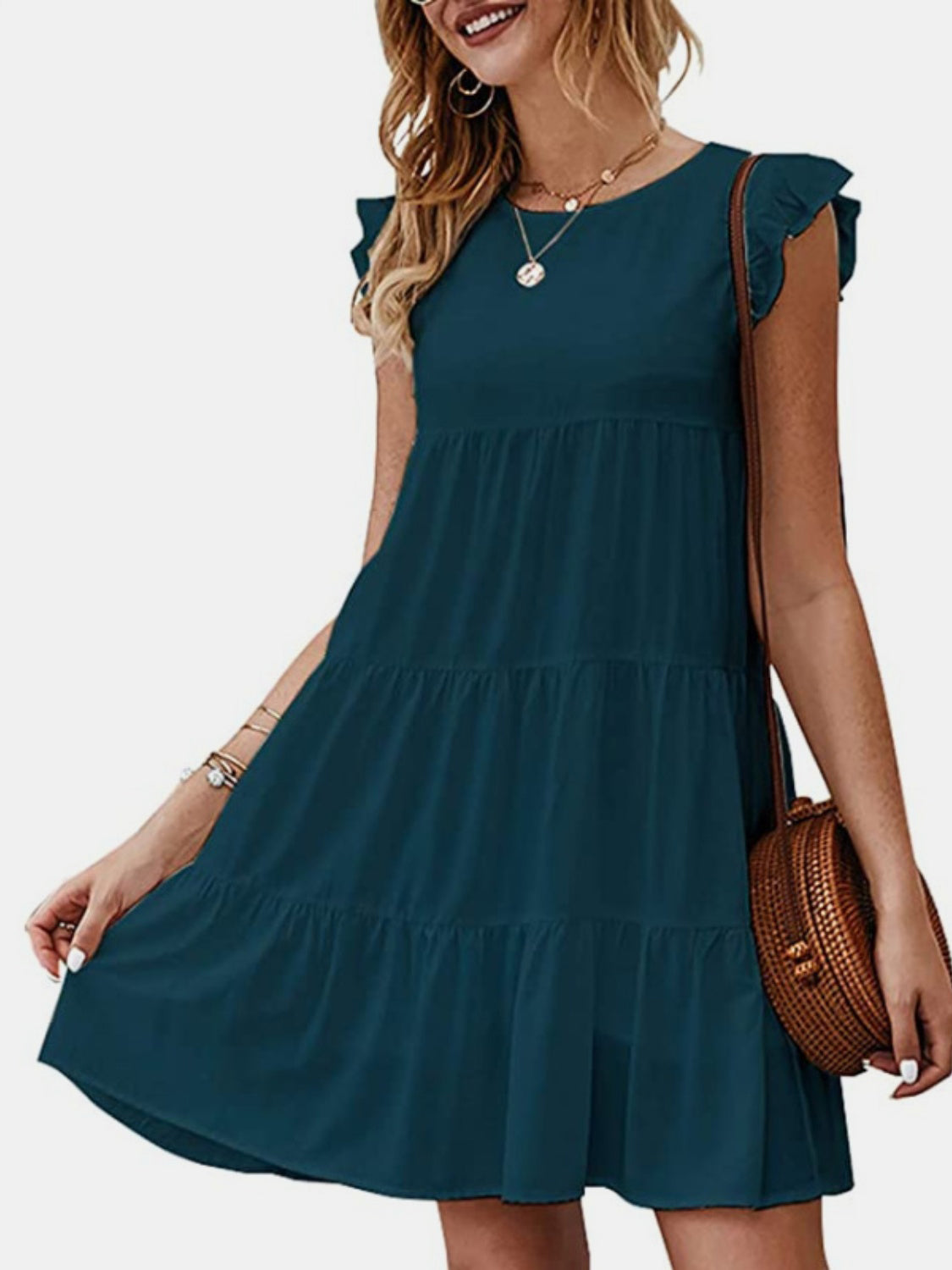 Ruffled Round Neck Cap Sleeve Mini Dress-TOPS / DRESSES-[Adult]-[Female]-Deep Teal-S-2022 Online Blue Zone Planet