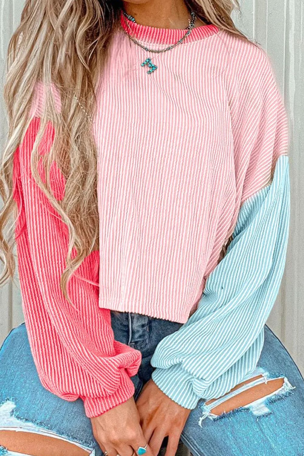 Color Block Round Neck Long Sleeve Top-TOPS / DRESSES-[Adult]-[Female]-Blush Pink-S-2022 Online Blue Zone Planet