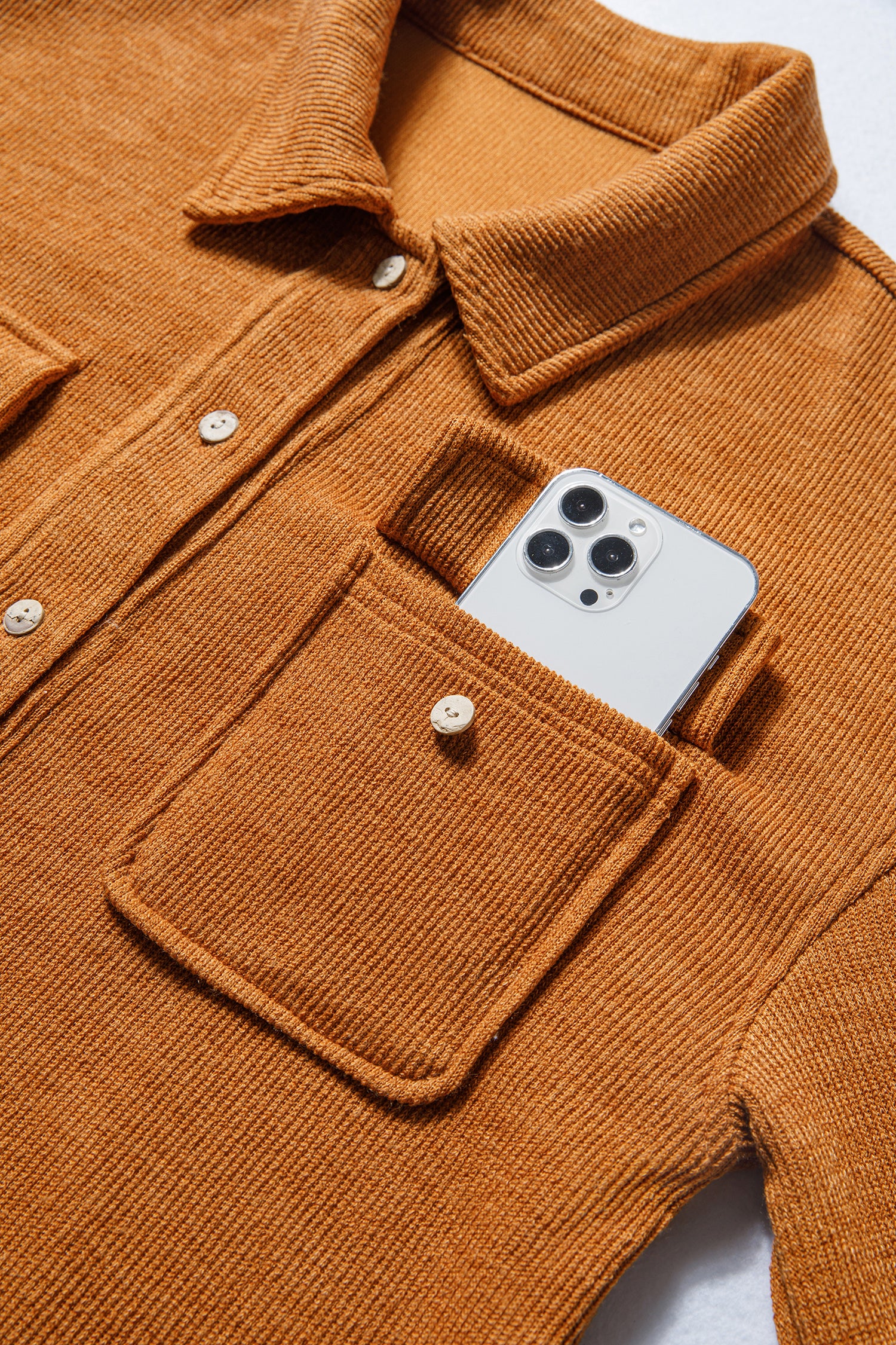 Russet Orange Flap Pocket Textured Knit Solid Color Casual Shacket-Outerwear/Jackets-[Adult]-[Female]-2022 Online Blue Zone Planet