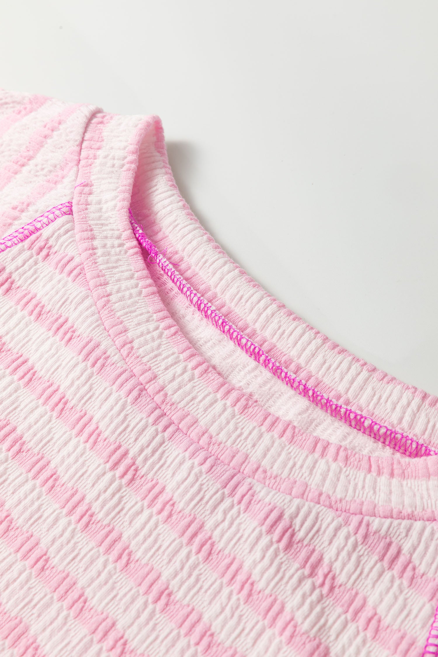 Pink Stripe Textured Knit Split Hem Half Sleeve Loose Top-Tops/Tops & Tees-[Adult]-[Female]-2022 Online Blue Zone Planet