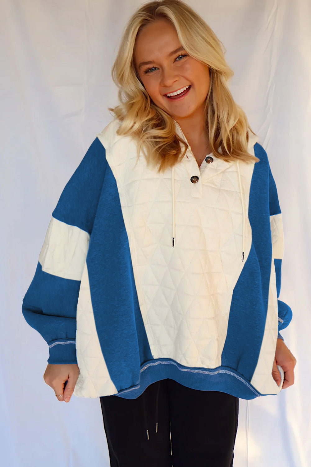 White Quilted Fleece Color Block Patchwork Oversize Hoodie-Tops / Dresses-[Adult]-[Female]-2022 Online Blue Zone Planet