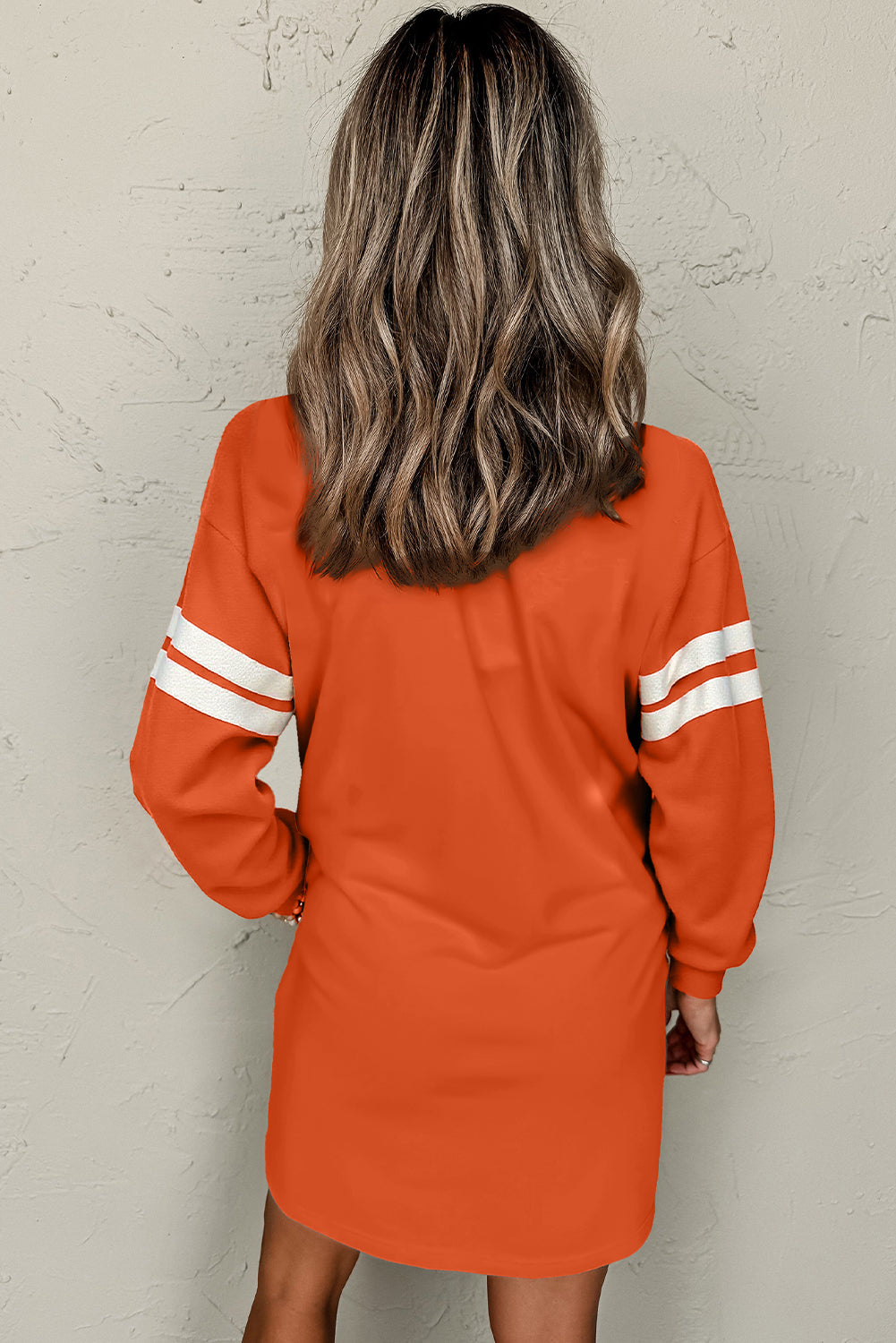 Orange Varsity Contrast Banded Sleeve Shift Sweatshirt Dress-TOPS / DRESSES-[Adult]-[Female]-2022 Online Blue Zone Planet