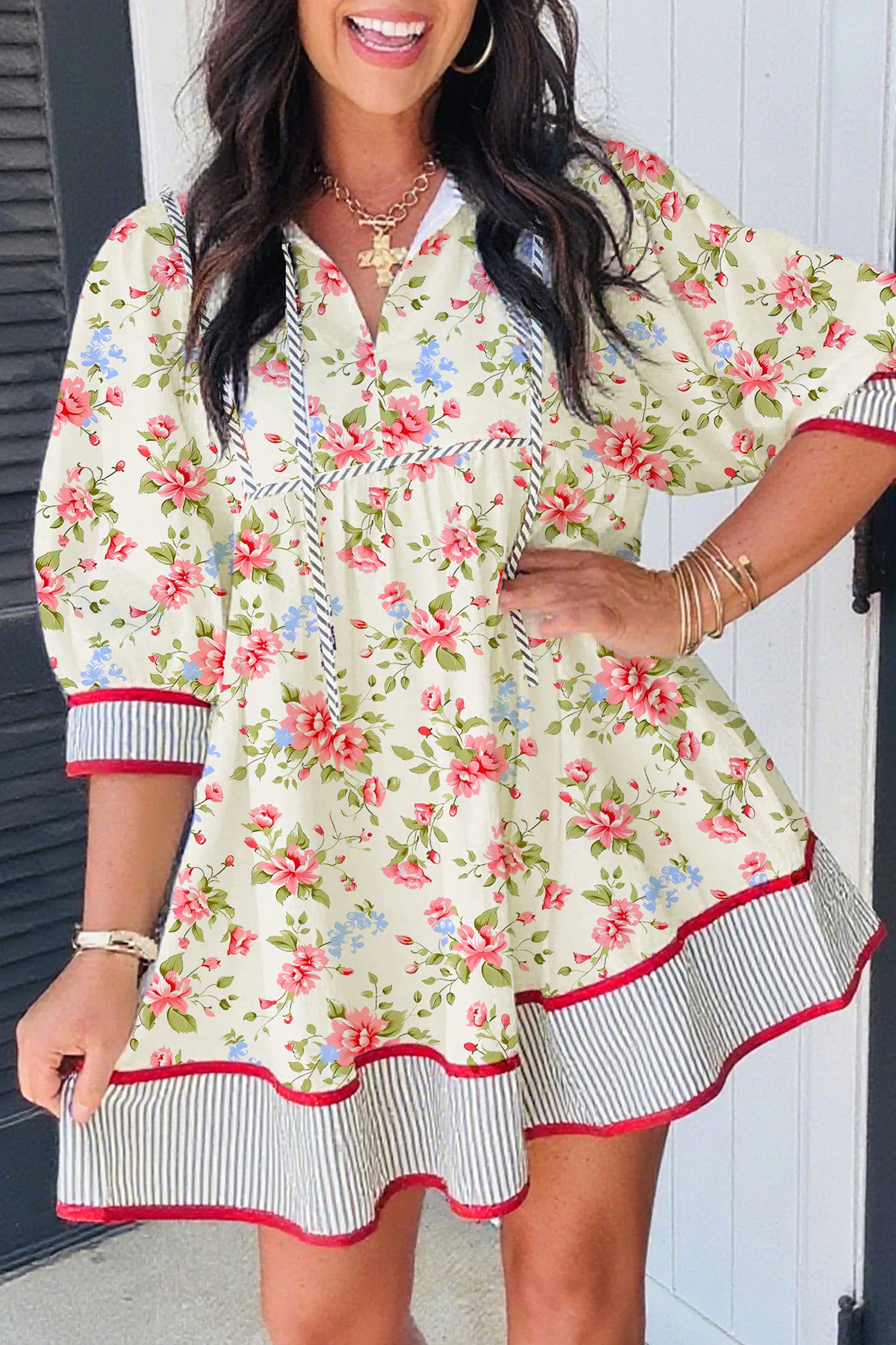 Apricot Striped Edge 3/4 Puff Sleeve Floral Dress-Dresses/Floral Dresses-[Adult]-[Female]-Apricot-S-2022 Online Blue Zone Planet