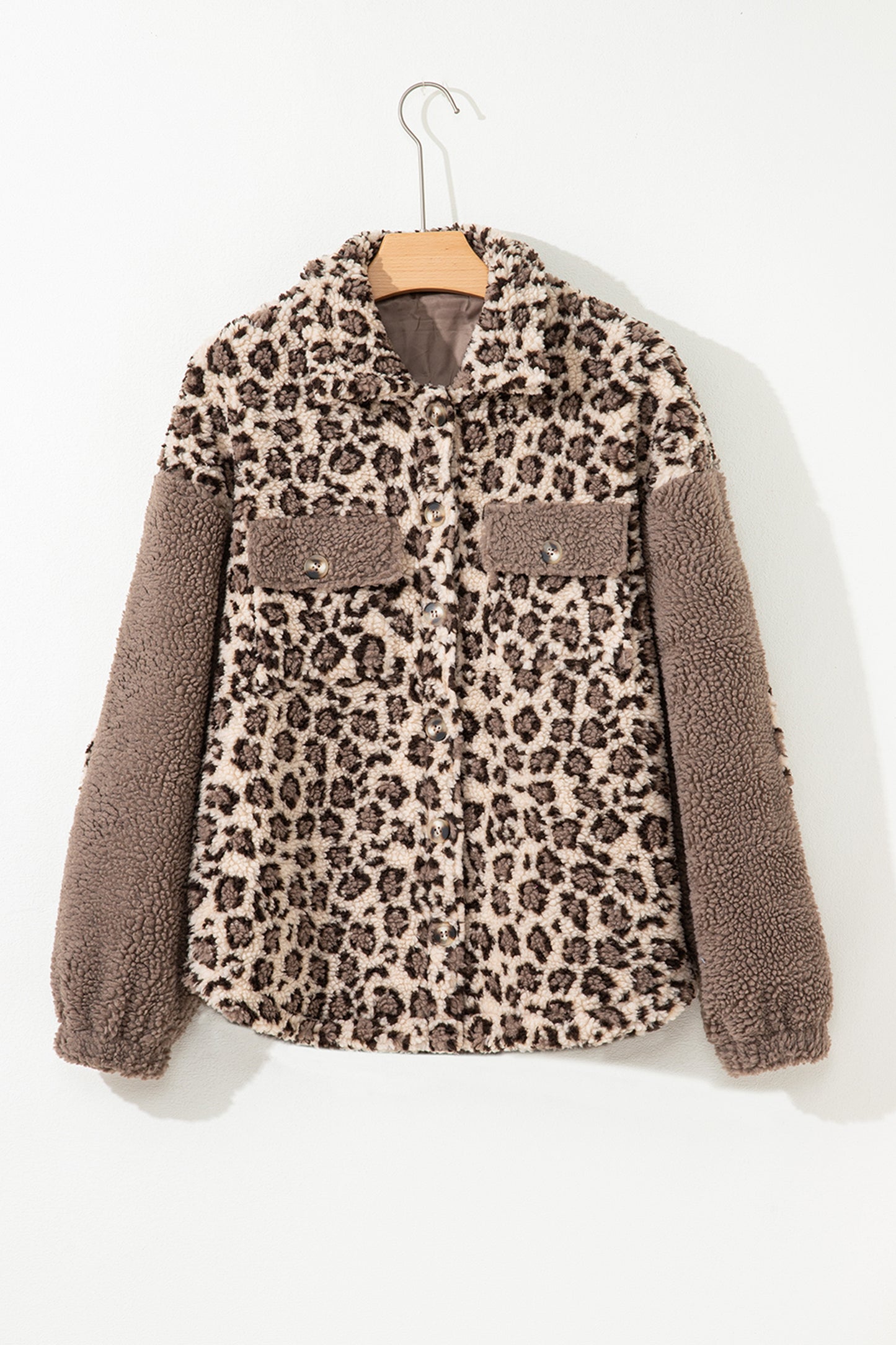 Brown Sherpa Leopard Print Flap Pocket Collared Button Up Jacket-Outerwear/Jackets-[Adult]-[Female]-2022 Online Blue Zone Planet