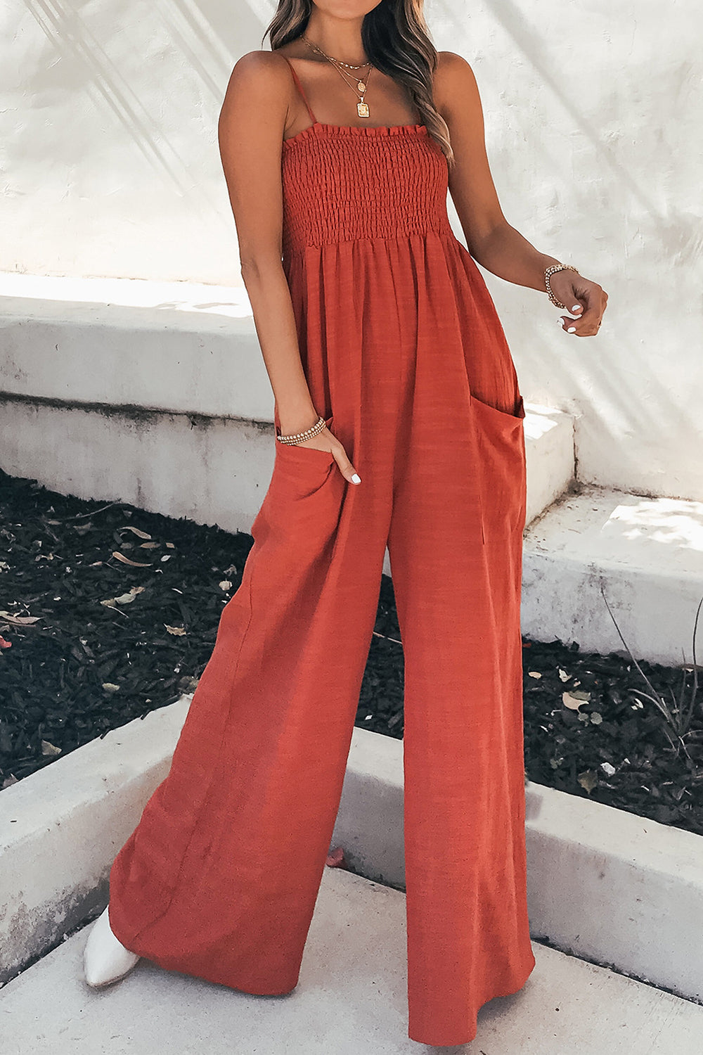 Blue Zone Planet | Smocked Spaghetti Strap Wide Leg Jumpsuit-TOPS / DRESSES-[Adult]-[Female]-Orange-Red-S-2022 Online Blue Zone Planet