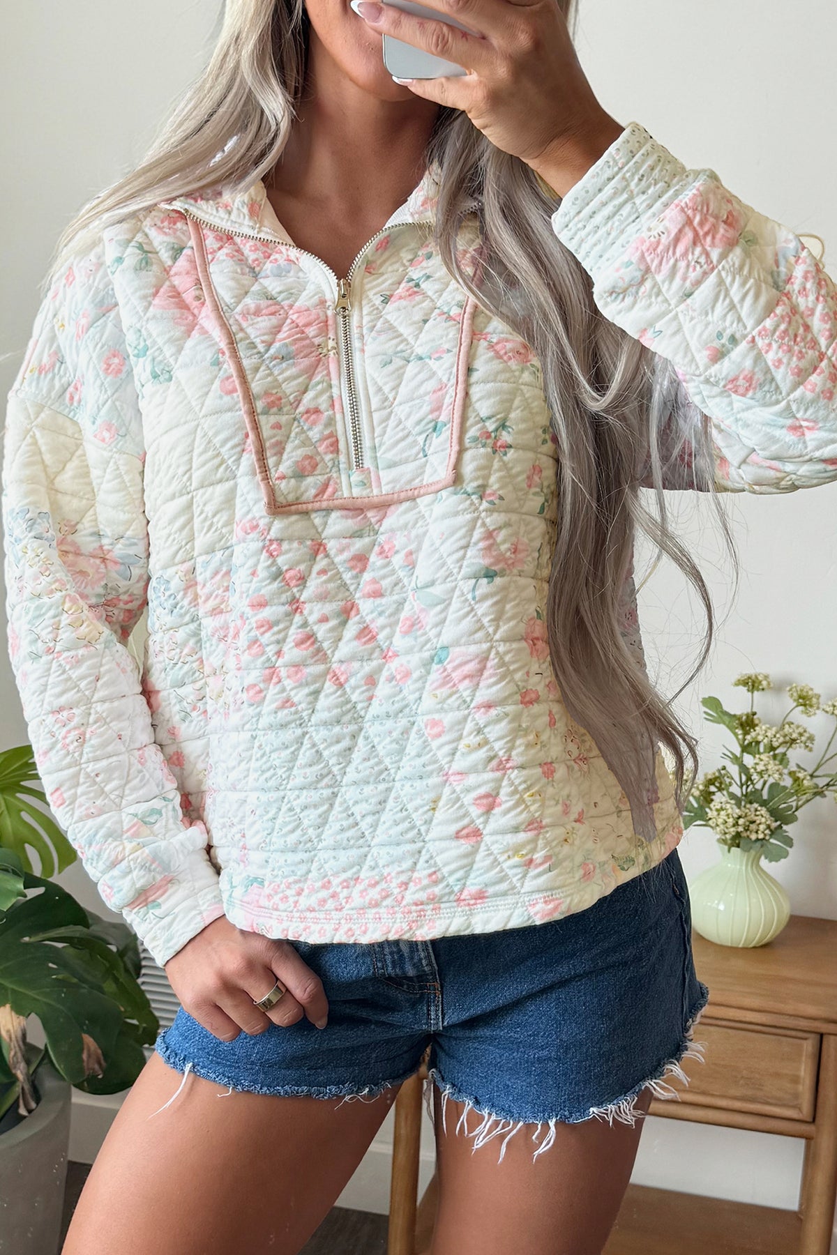Multicolour Floral Quilted Metal Zipper Collar Long Sleeve Sweatshirt-Tops / Dresses-[Adult]-[Female]-2022 Online Blue Zone Planet