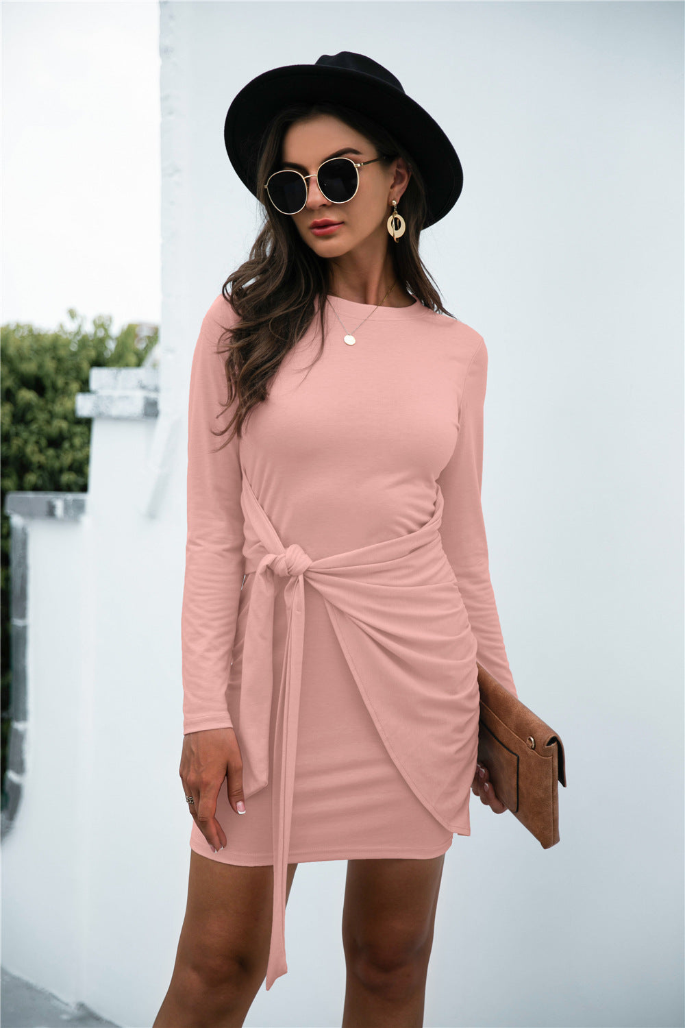 Tied Round Neck Long Sleeve Mini Dress-TOPS / DRESSES-[Adult]-[Female]-Watermelon pink-S-2022 Online Blue Zone Planet