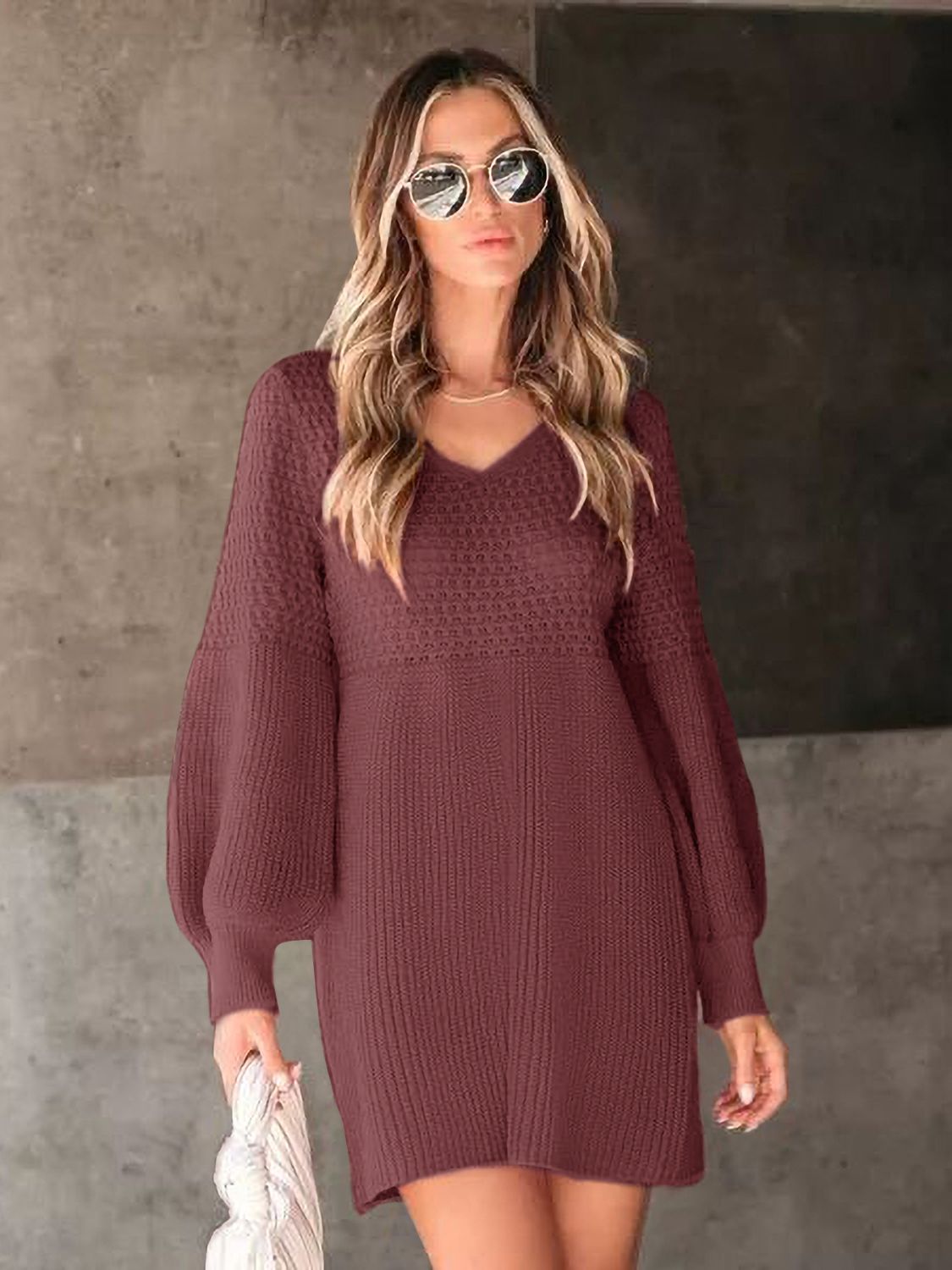 Perfee V-Neck Long Sleeve Sweater Dress-TOPS / DRESSES-[Adult]-[Female]-Burgundy-S-2022 Online Blue Zone Planet