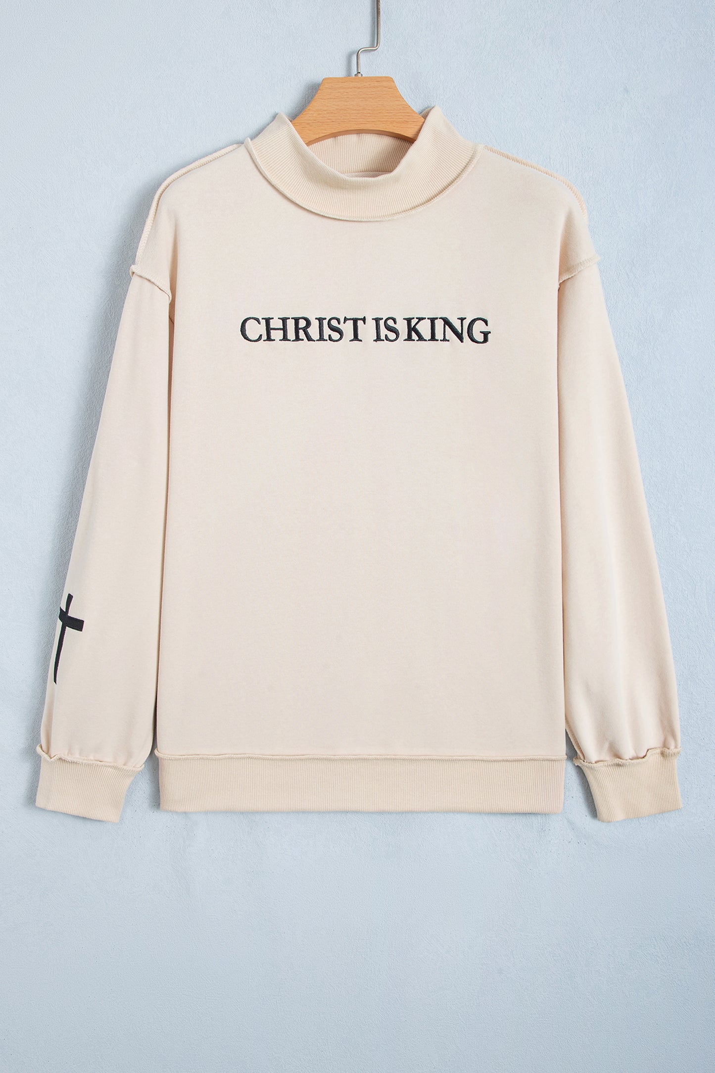 Beige CHRIST IS KING Embroidery High Neck Baggy Sweatshirt-Tops / Dresses-[Adult]-[Female]-2022 Online Blue Zone Planet
