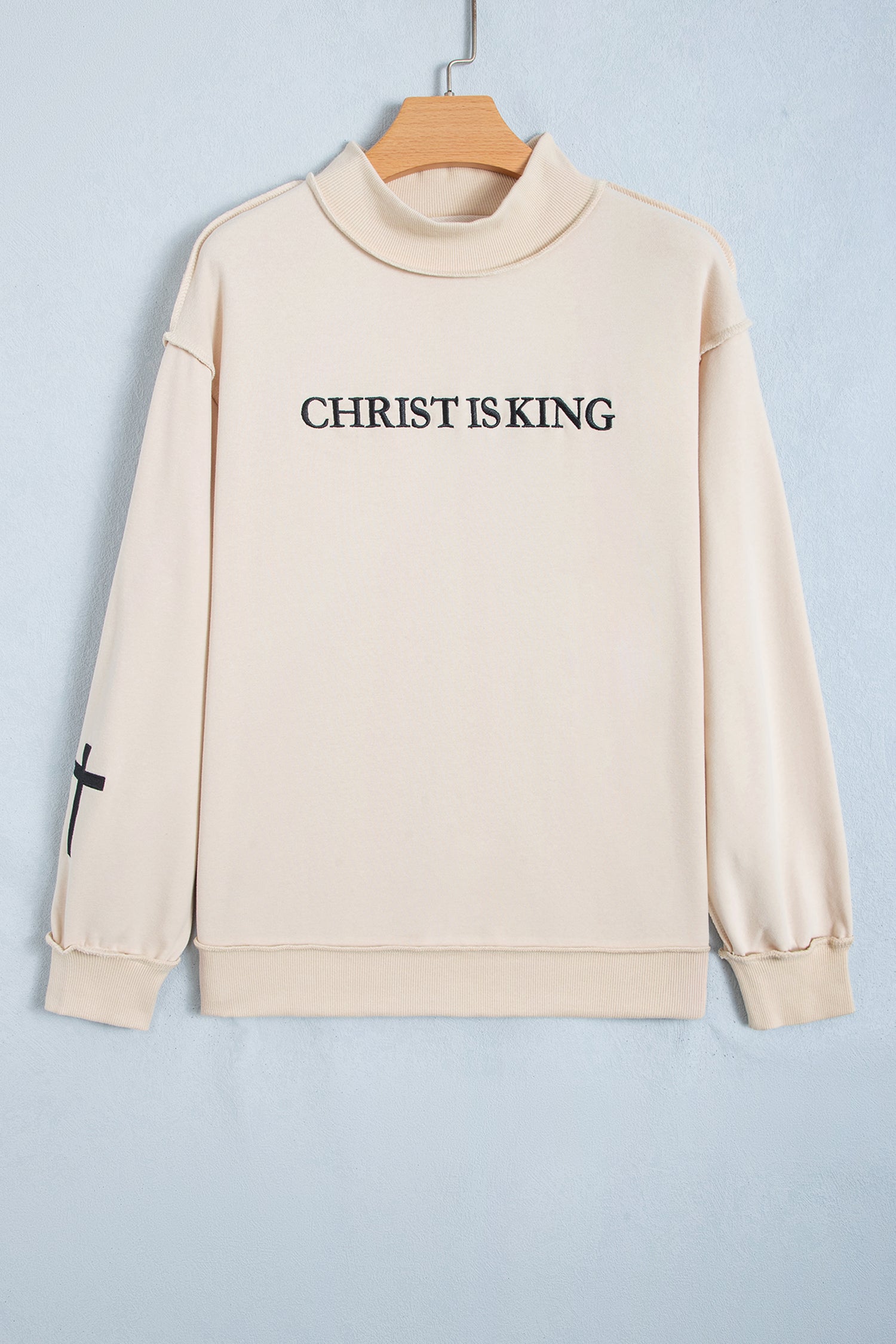 Beige CHRIST IS KING Embroidery High Neck Baggy Sweatshirt-Tops / Dresses-[Adult]-[Female]-2022 Online Blue Zone Planet