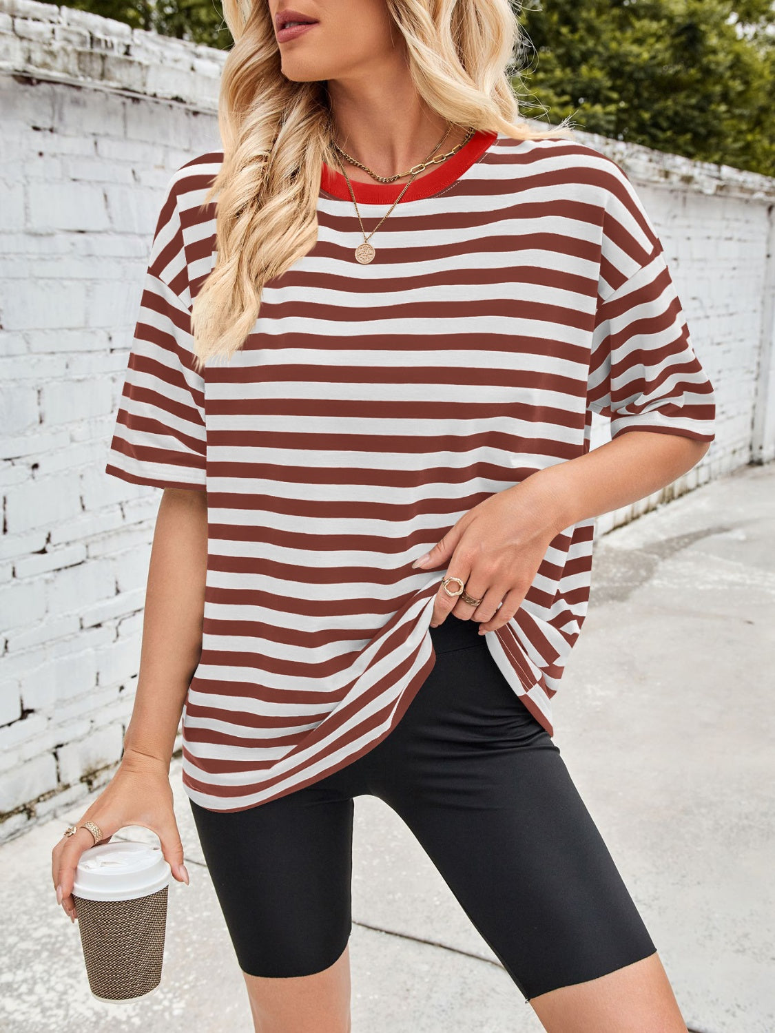 Lovelet Striped Round Neck Half Sleeve T-Shirt-TOPS / DRESSES-[Adult]-[Female]-Brown-S-2022 Online Blue Zone Planet