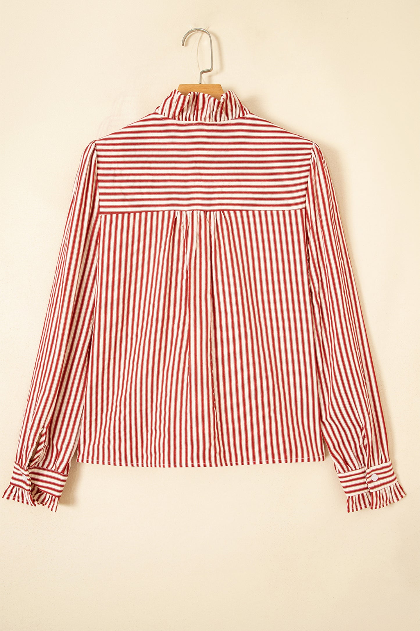 Red Stripe Textured Ruffle Trim Button-Up Long Sleeve Shirt-Tops/Blouses & Shirts-[Adult]-[Female]-2022 Online Blue Zone Planet