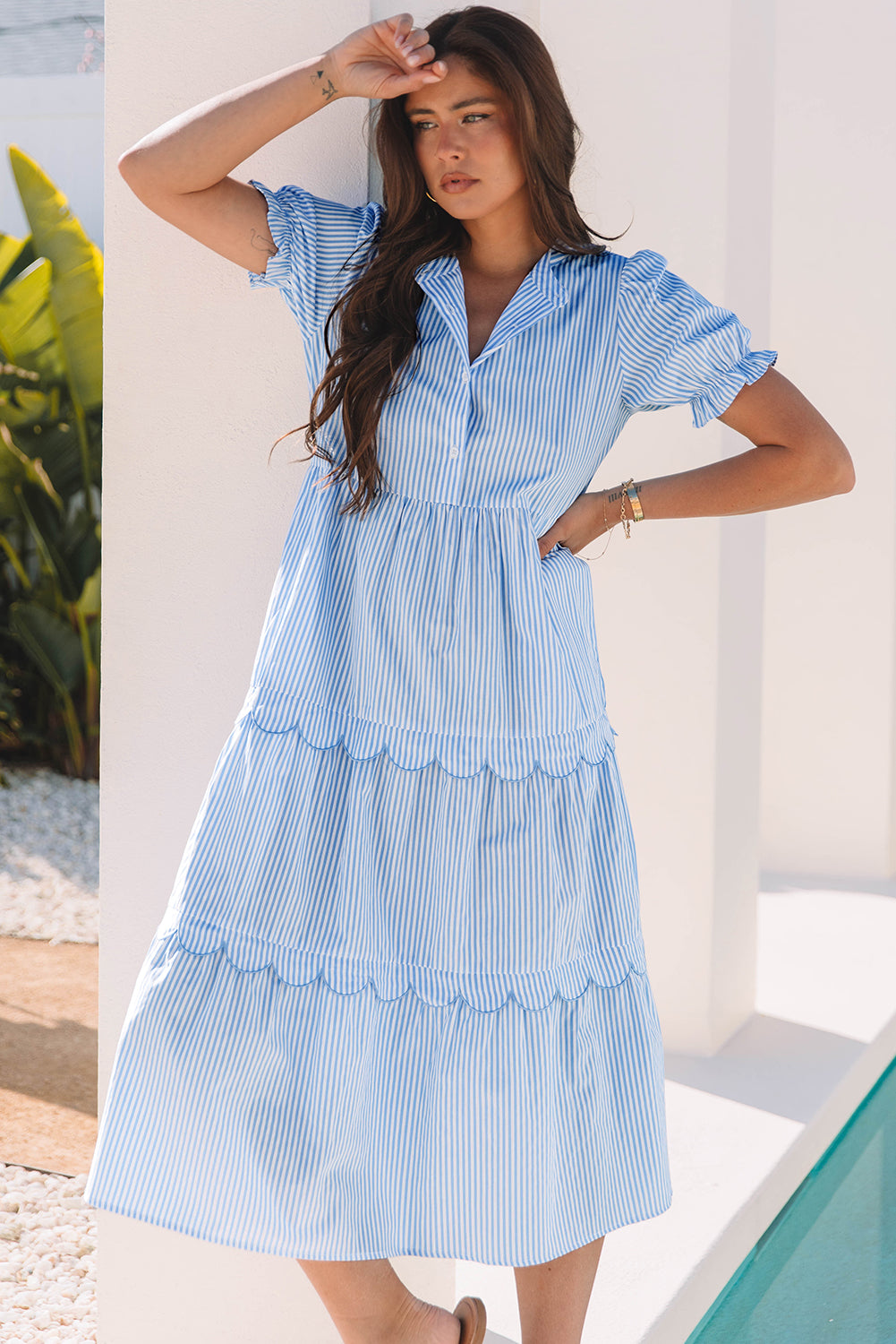 Sky Blue Stripe Bubble Short Sleeve Tiered Scallop Long Dress-TOPS / DRESSES-[Adult]-[Female]-2022 Online Blue Zone Planet