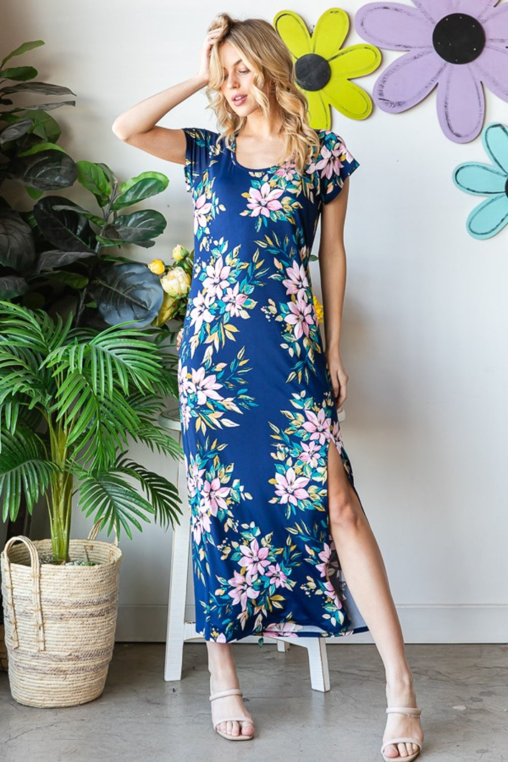 Heimish Full Size Floral Short Sleeve Slit Dress-TOPS / DRESSES-[Adult]-[Female]-2022 Online Blue Zone Planet