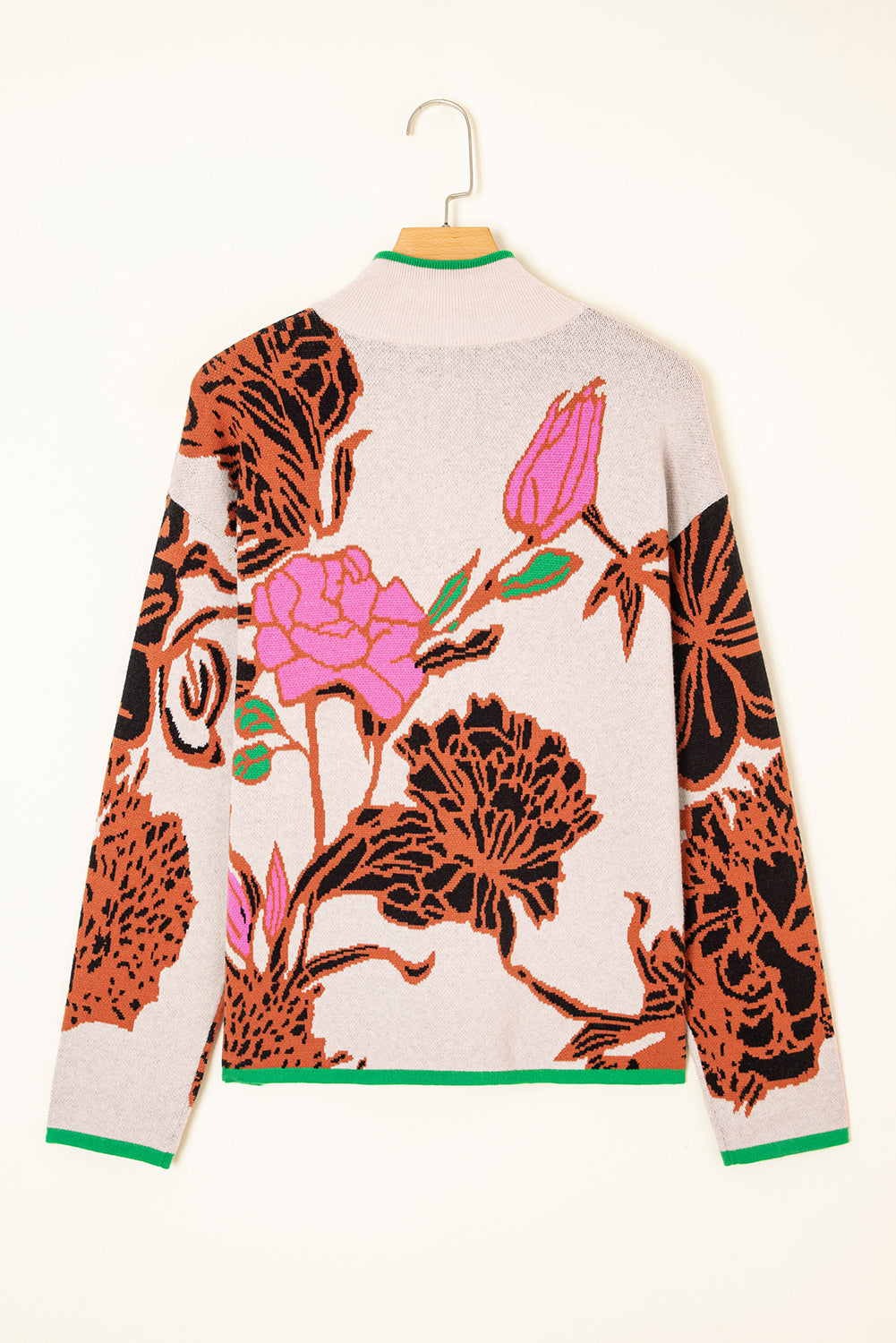 Khaki Floral Pattern Knit Quarter Zip Stand Neck Sweater-Sweaters & Cardigans/Sweaters-[Adult]-[Female]-2022 Online Blue Zone Planet