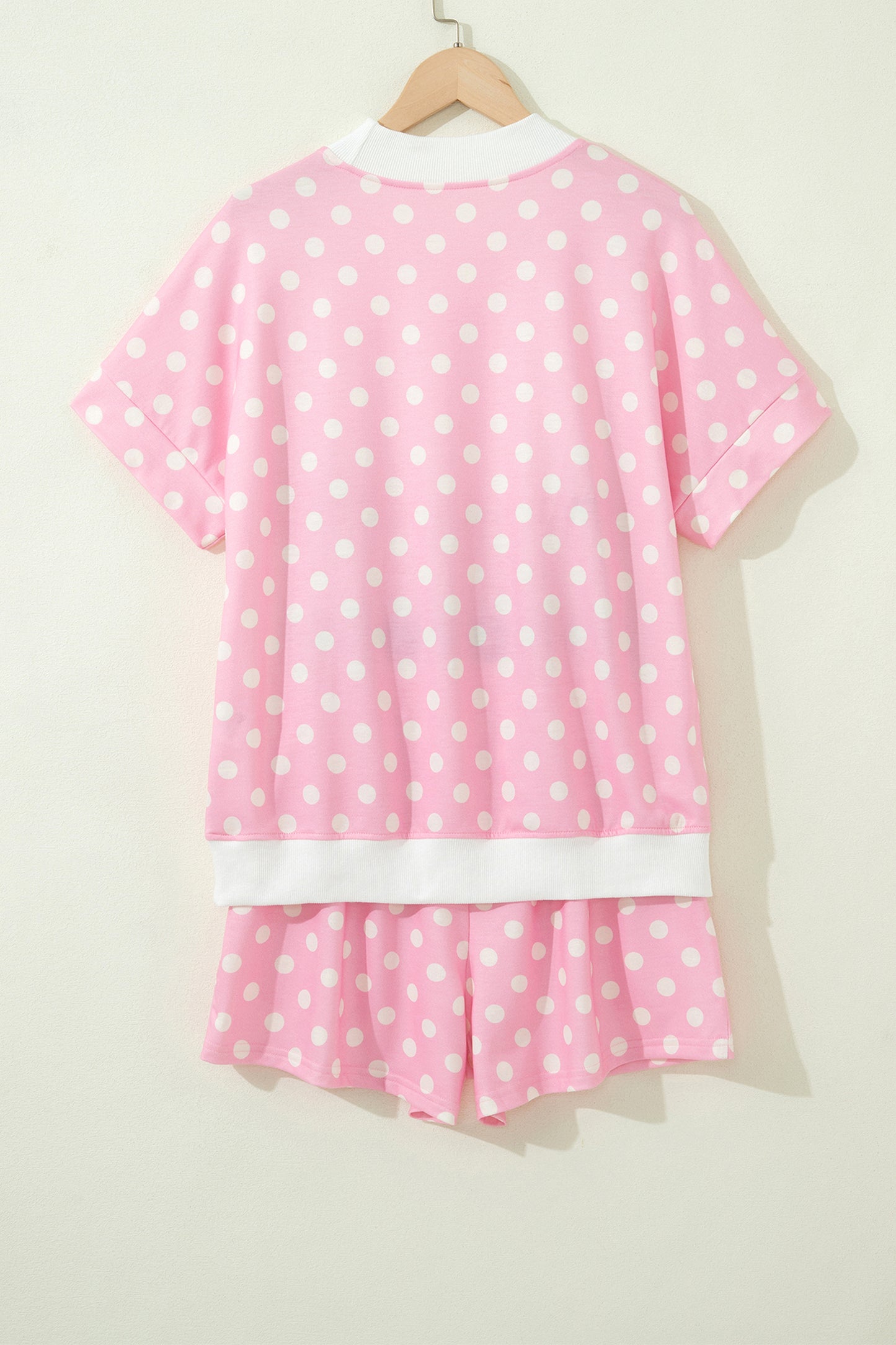 Sky Blue Polka Dot Print Color Block Trim Mock Neck Short Set-Two Piece Sets/Short Sets-[Adult]-[Female]-2022 Online Blue Zone Planet