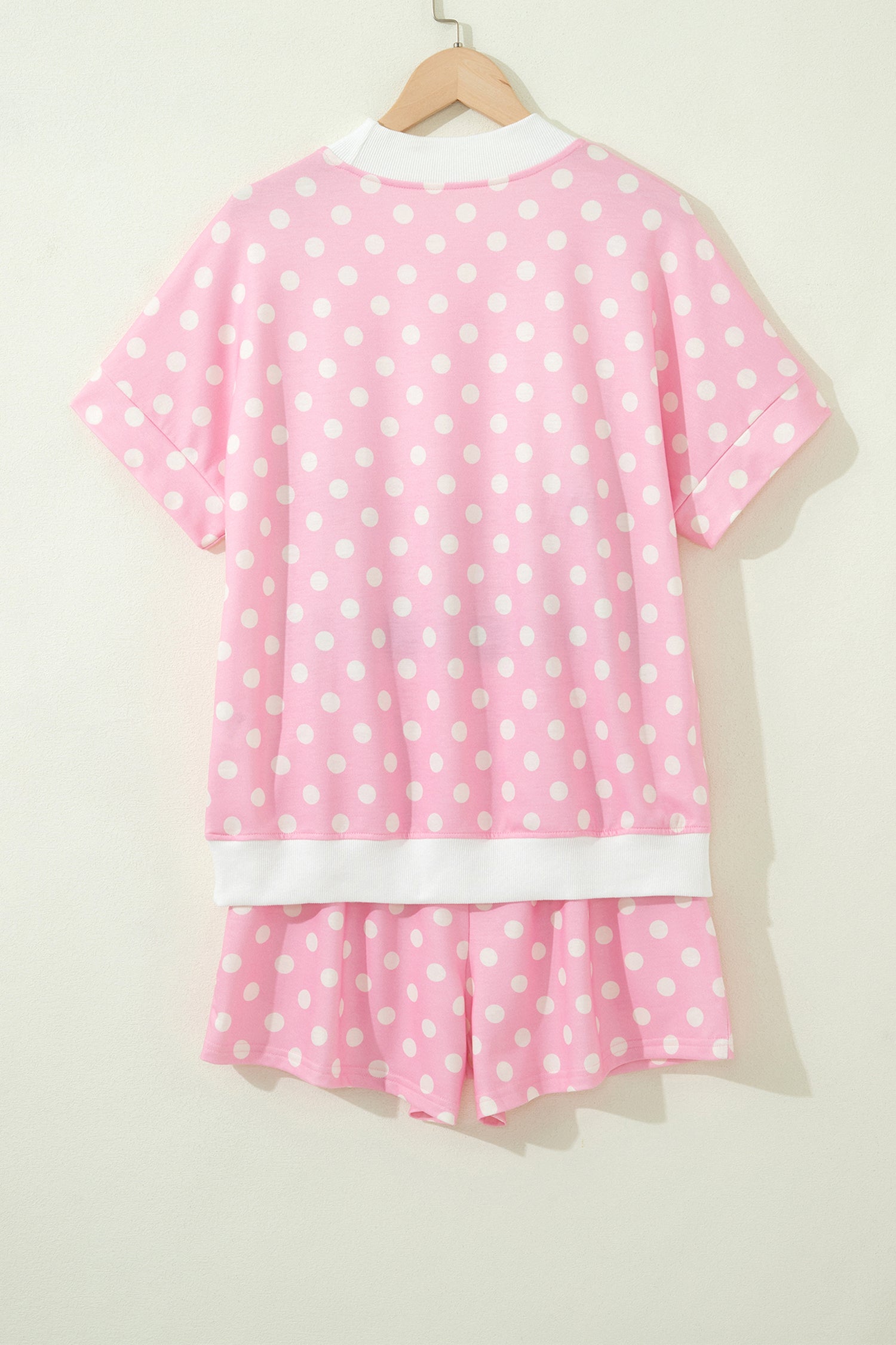 Sky Blue Polka Dot Print Color Block Trim Mock Neck Short Set-Two Piece Sets/Short Sets-[Adult]-[Female]-2022 Online Blue Zone Planet