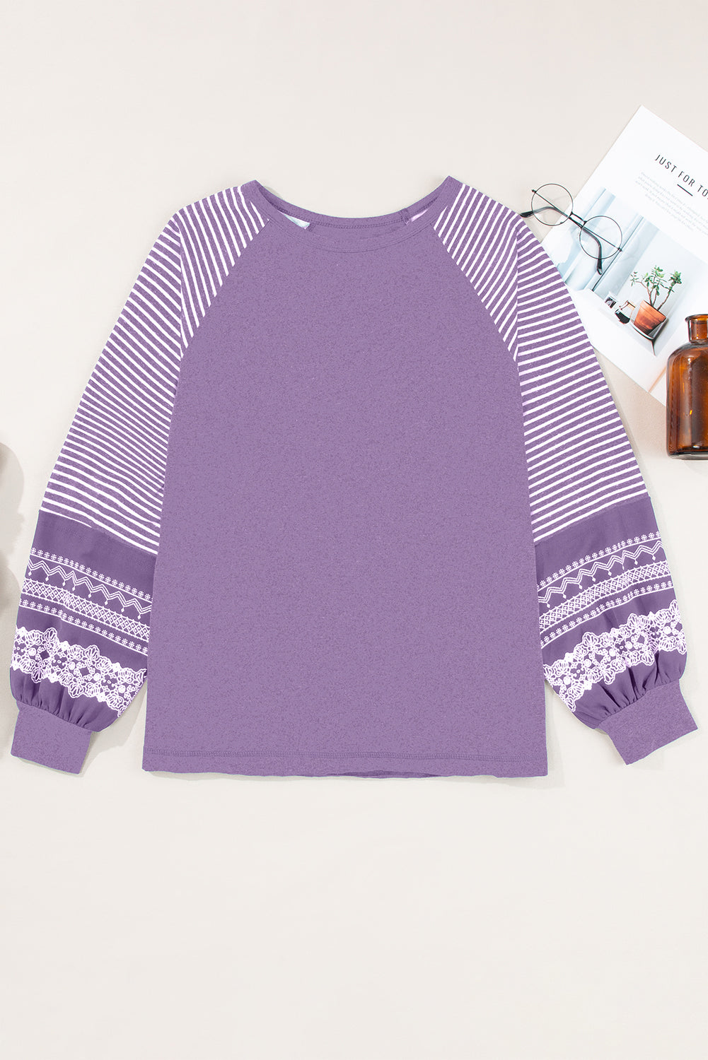 Tillandsia Purple Contrast Print Striped Raglan Long Sleeve Loose Top-Tops/Long Sleeve Tops-[Adult]-[Female]-Tillandsia Purple-S-2022 Online Blue Zone Planet