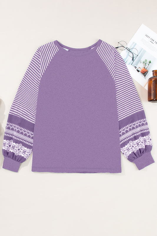 Tillandsia Purple Contrast Print Striped Raglan Long Sleeve Loose Top-Tops/Long Sleeve Tops-[Adult]-[Female]-Tillandsia Purple-S-2022 Online Blue Zone Planet