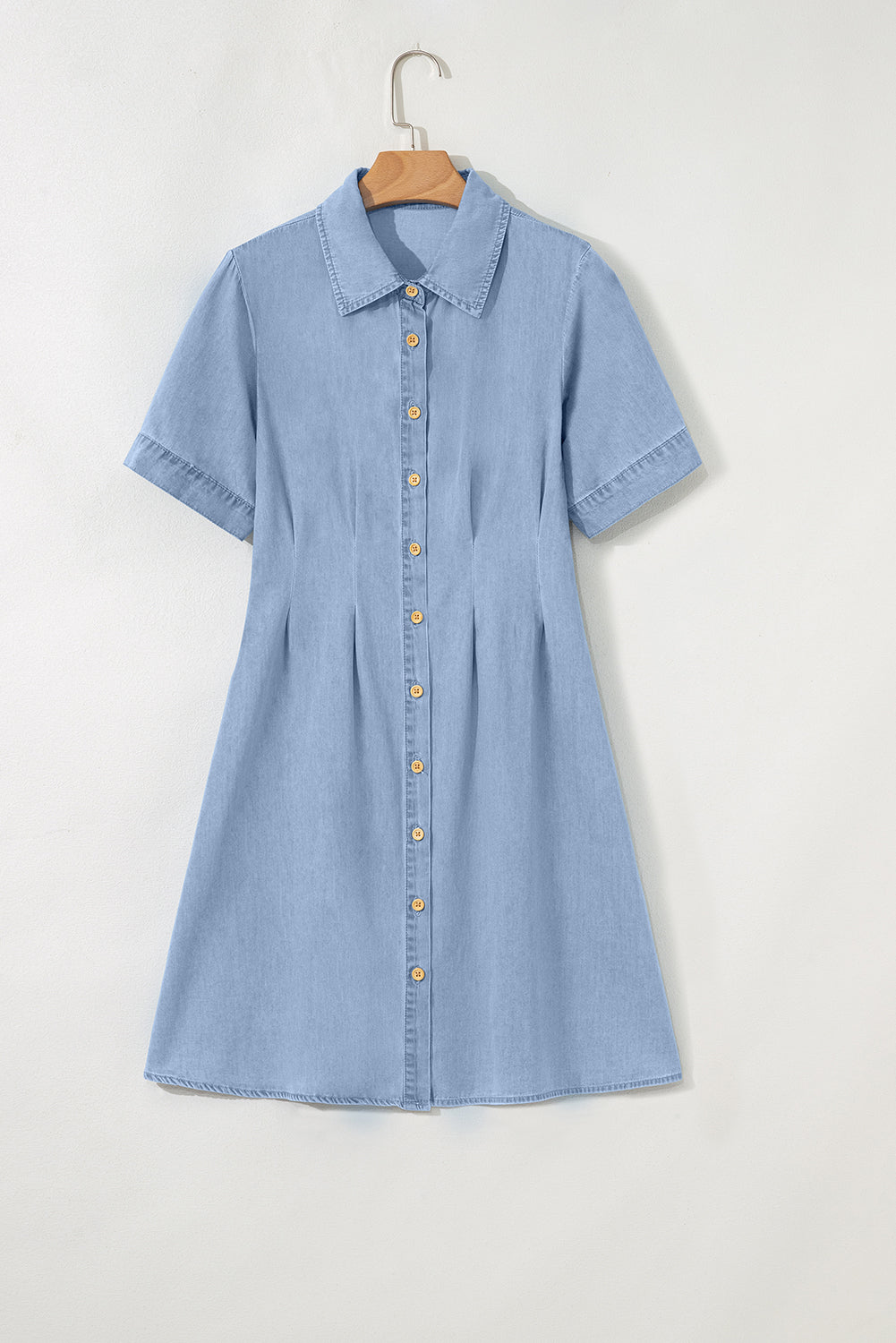 Myosotis Denim Pleated Slim Waist Short Sleeve Shirt Dress-TOPS / DRESSES-[Adult]-[Female]-2022 Online Blue Zone Planet