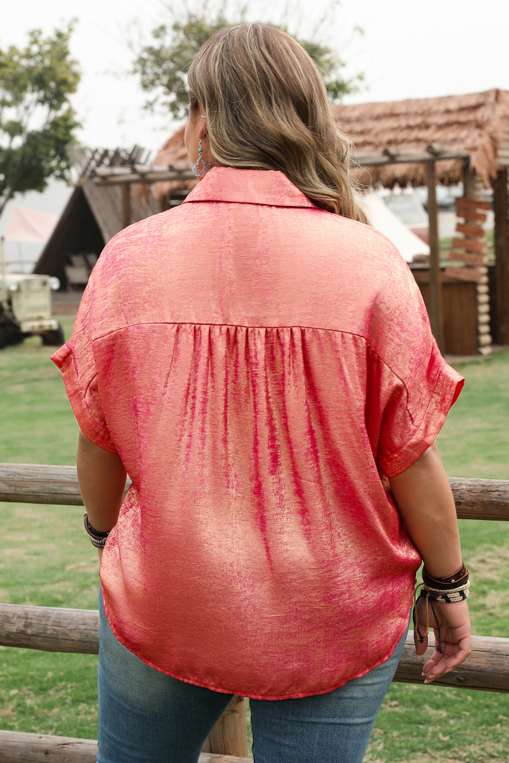 Rose Red Plus Size Metallic Sheen Short Sleeve Button Up Shirt-Plus Size/Plus Size Tops/Plus Size Blouses & Shirts-[Adult]-[Female]-2022 Online Blue Zone Planet