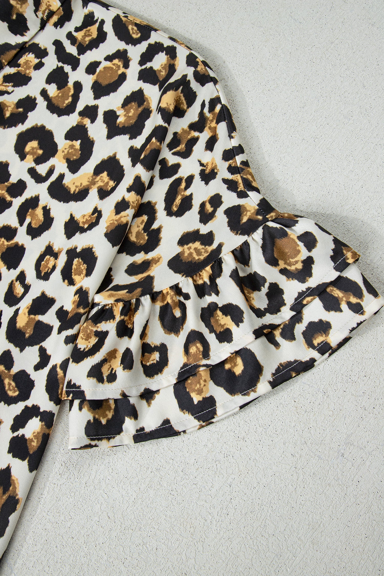 Khaki Leopard Print Ruffle Trim 3/4 Sleeve Loose Shirt-Tops/Blouses & Shirts-[Adult]-[Female]-2022 Online Blue Zone Planet