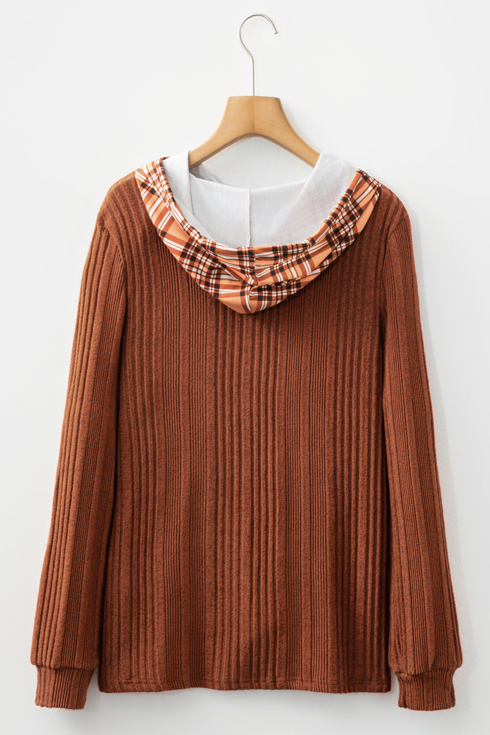 Chestnut Plaid Patchwork Ribbed Knit Drawstring Hooded Top-Tops / Dresses-[Adult]-[Female]-2022 Online Blue Zone Planet