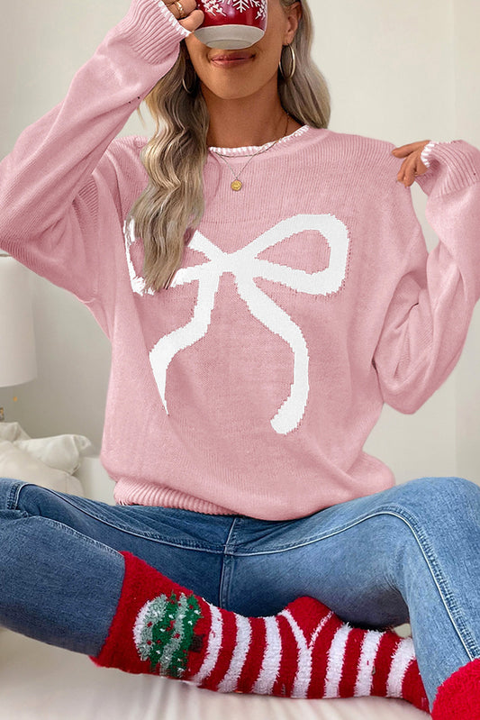 White Sweet Bow Long Sleeve Knit Sweater-Sweaters-[Adult]-[Female]-Pink-S-2022 Online Blue Zone Planet