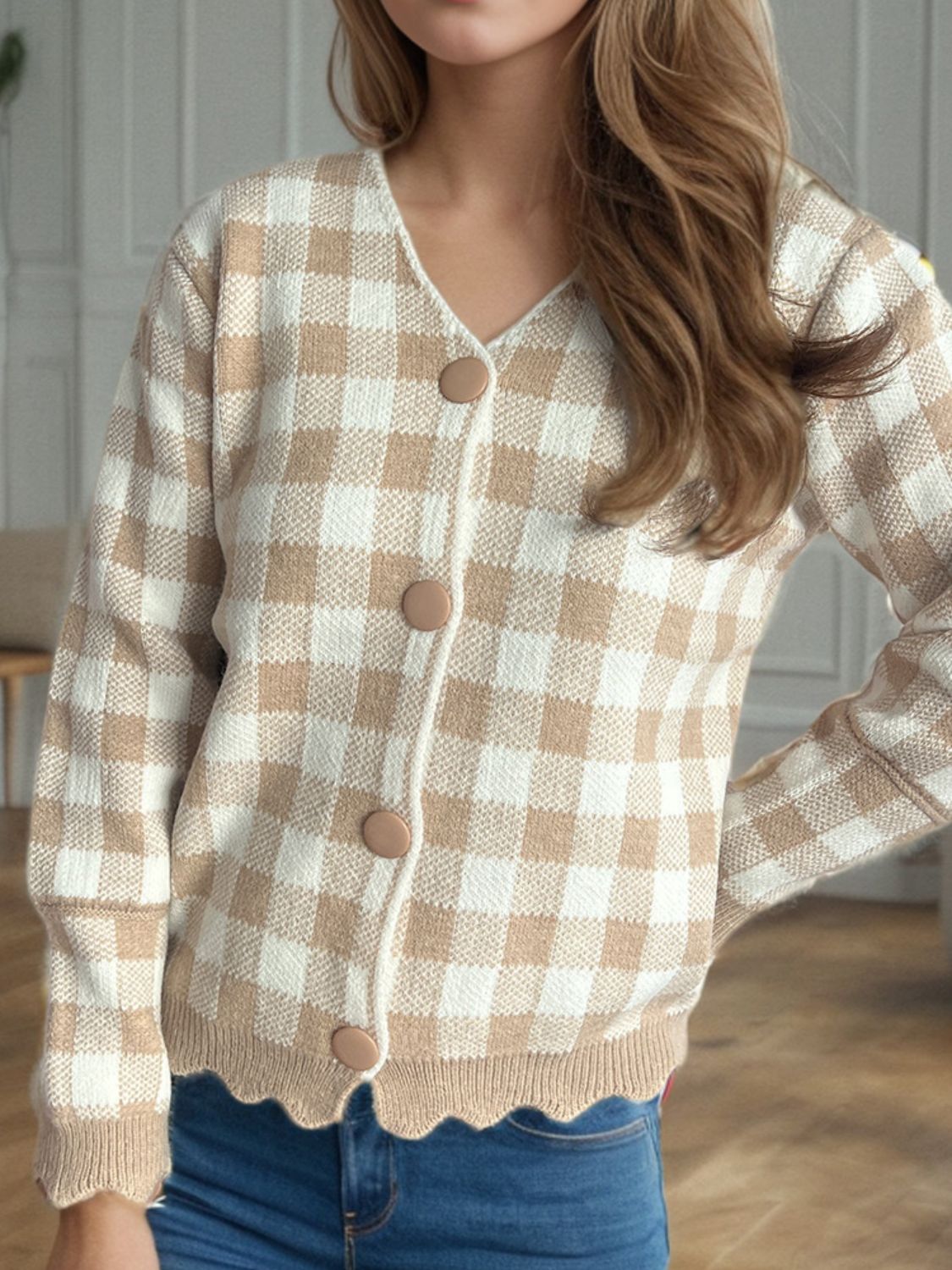 Blue Zone Planet | Plaid V-Neck Button Up Cardigan-TOPS / DRESSES-[Adult]-[Female]-Tan-One Size-2022 Online Blue Zone Planet