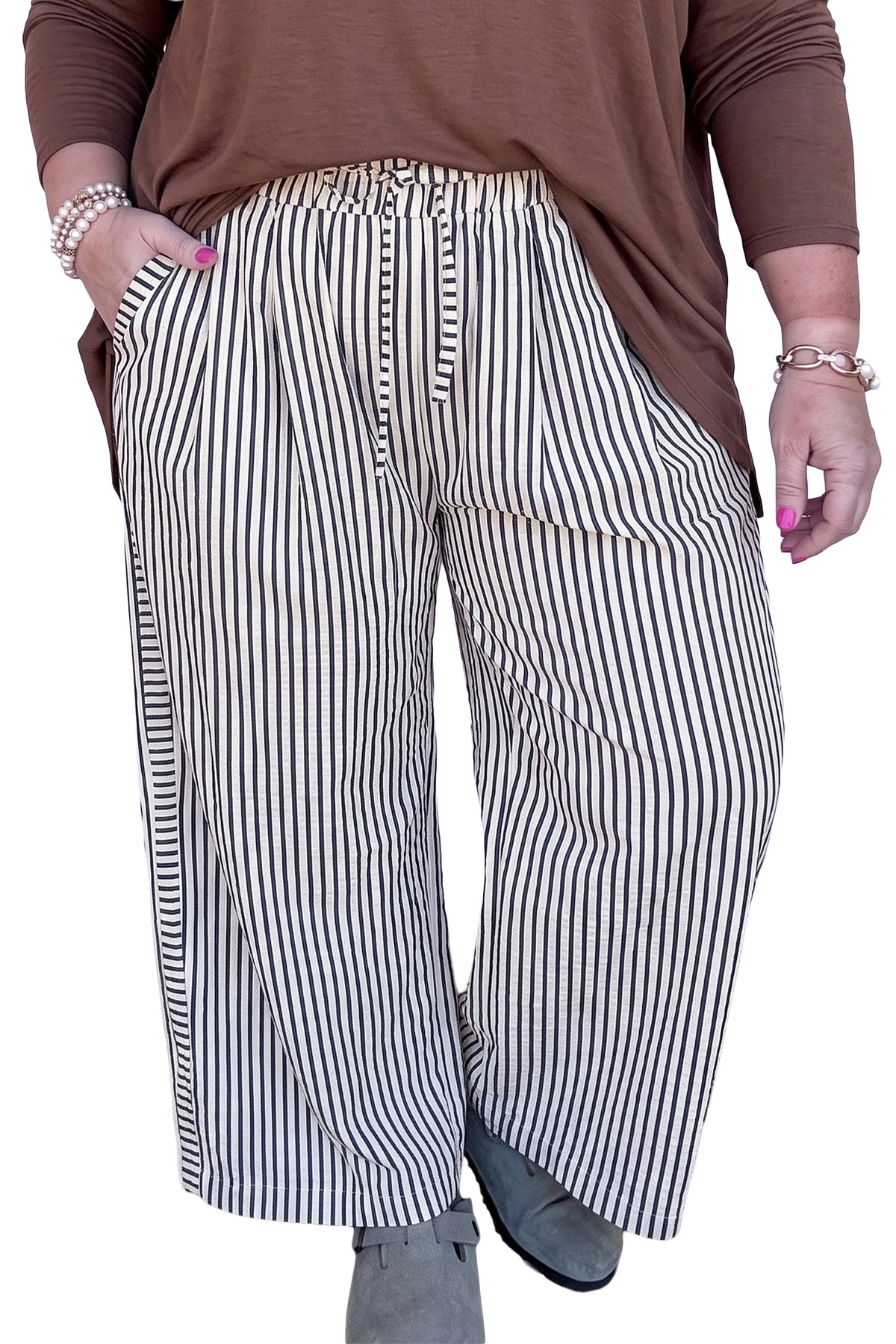 Black Stripe Plus Size Tie Waist Loose Pants-Plus Size/Plus Size Bottoms-[Adult]-[Female]-2022 Online Blue Zone Planet