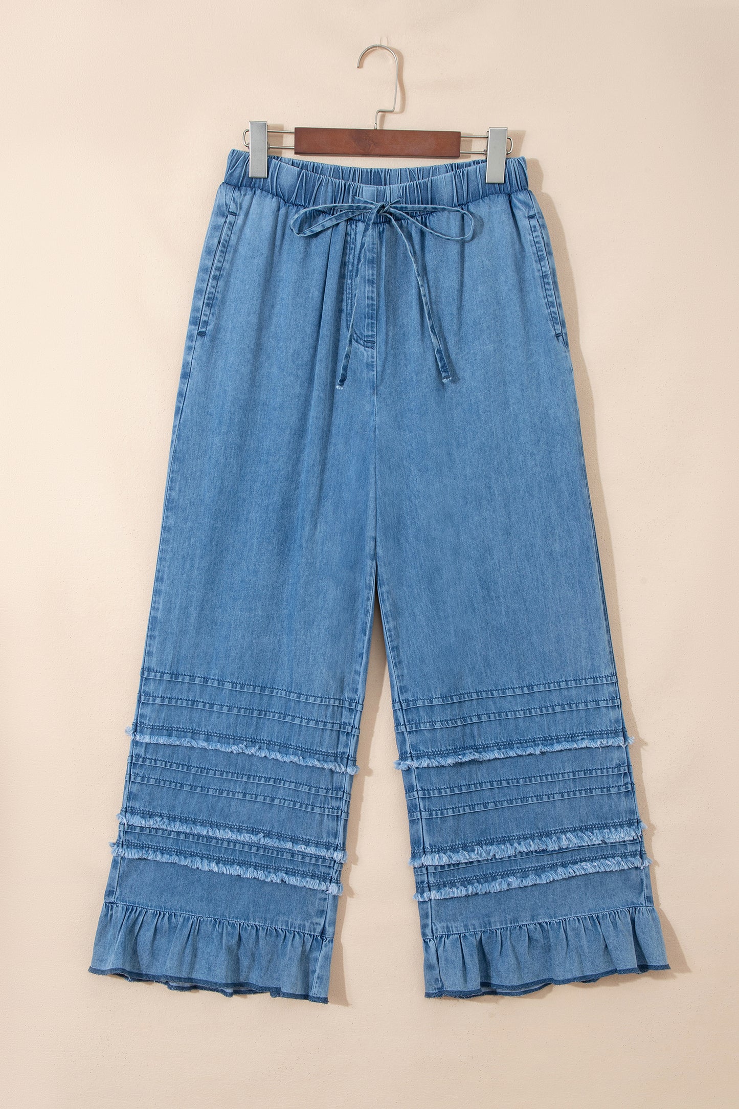 Dusk Blue Ruffled Hem Wide Leg Chambray Pants-Bottoms/Pants & Culotte-[Adult]-[Female]-2022 Online Blue Zone Planet