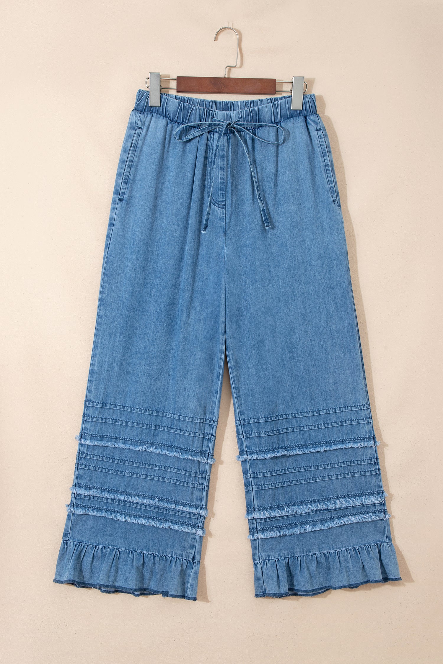 Dusk Blue Ruffled Hem Wide Leg Chambray Pants-Bottoms/Pants & Culotte-[Adult]-[Female]-2022 Online Blue Zone Planet