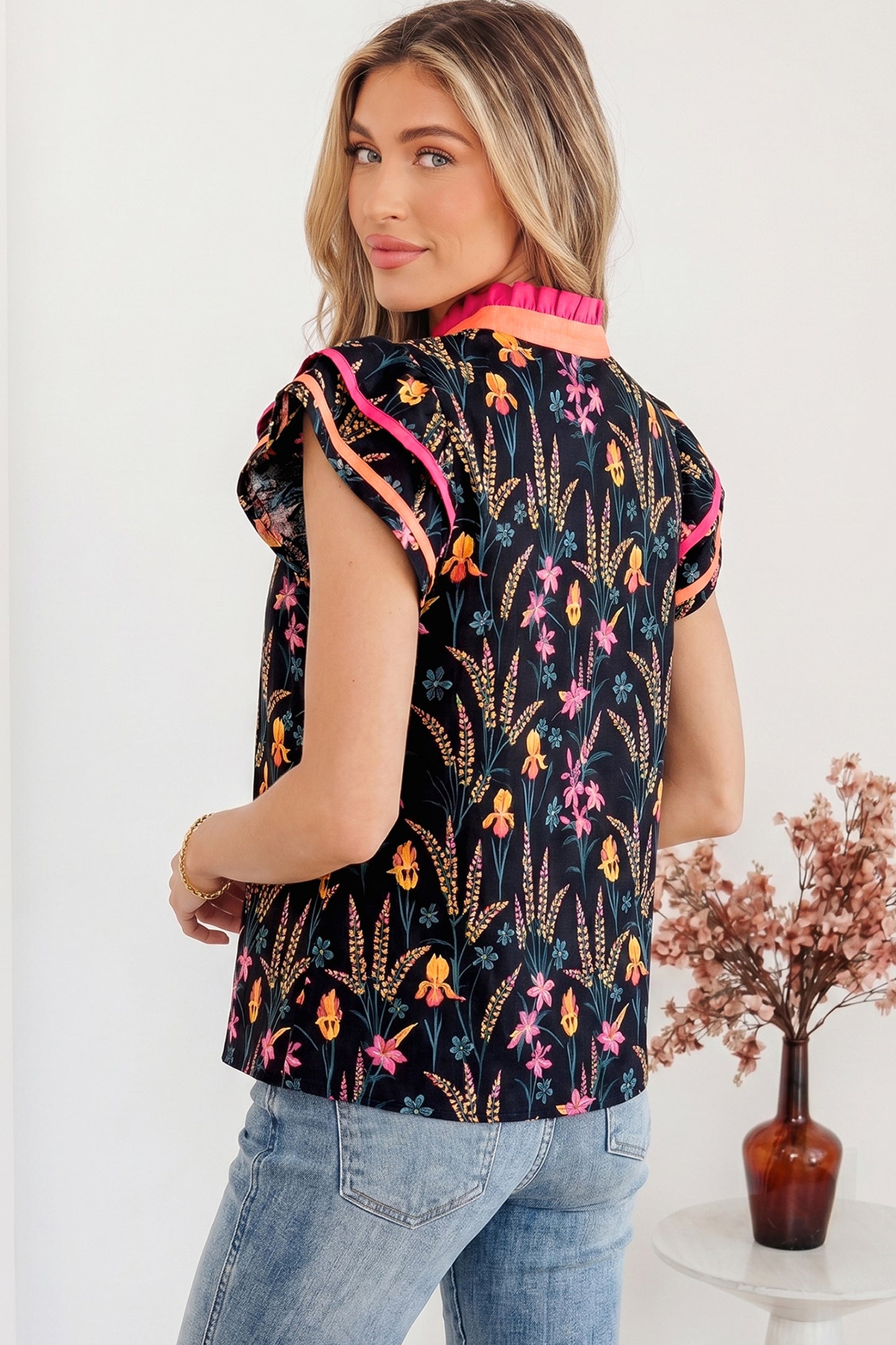 Black Floral Print Contrast Trim Tiered Ruffled Short Sleeve Blouse-Tops/Blouses & Shirts-[Adult]-[Female]-2022 Online Blue Zone Planet