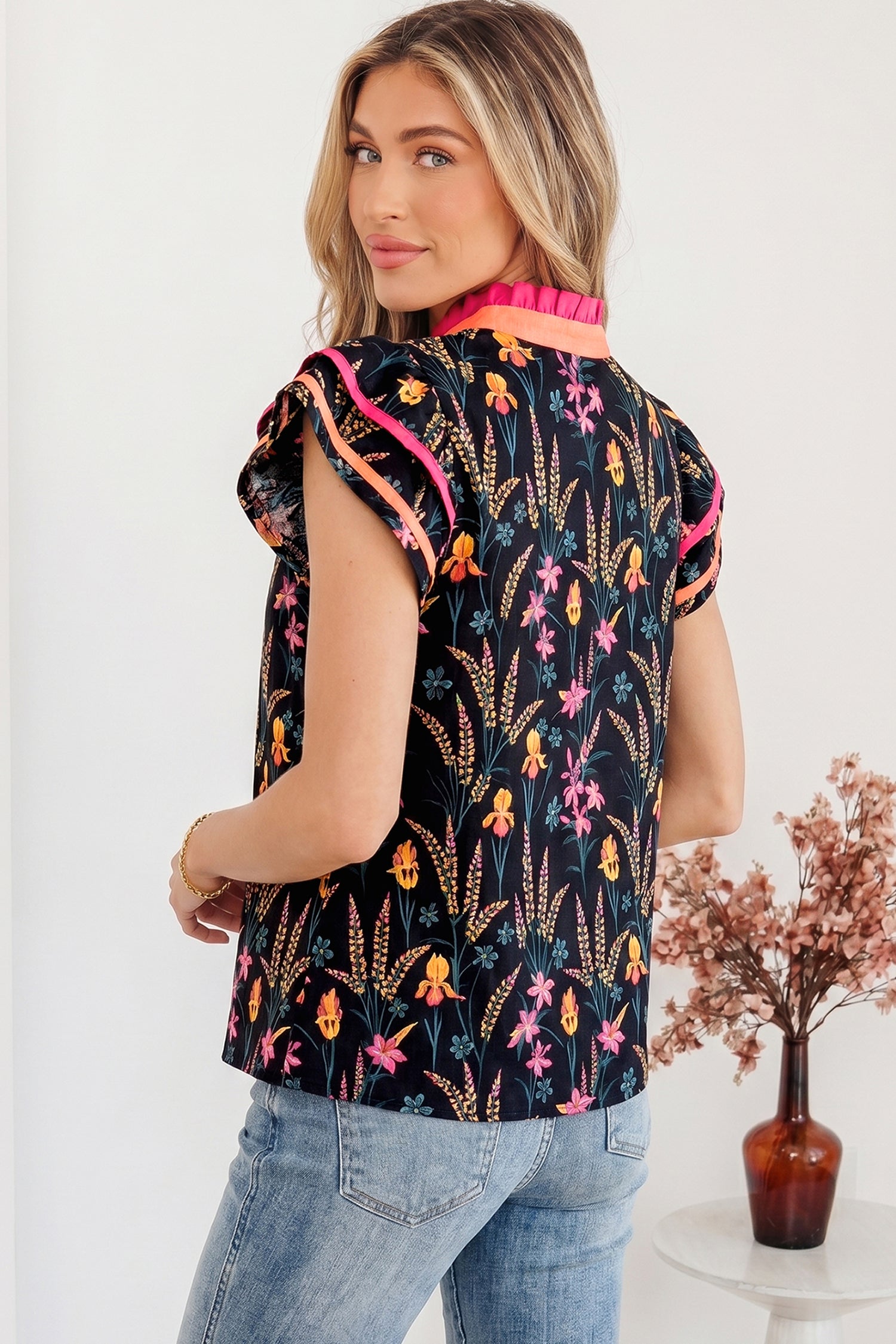 Black Floral Print Contrast Trim Tiered Ruffled Short Sleeve Blouse-Tops/Blouses & Shirts-[Adult]-[Female]-2022 Online Blue Zone Planet