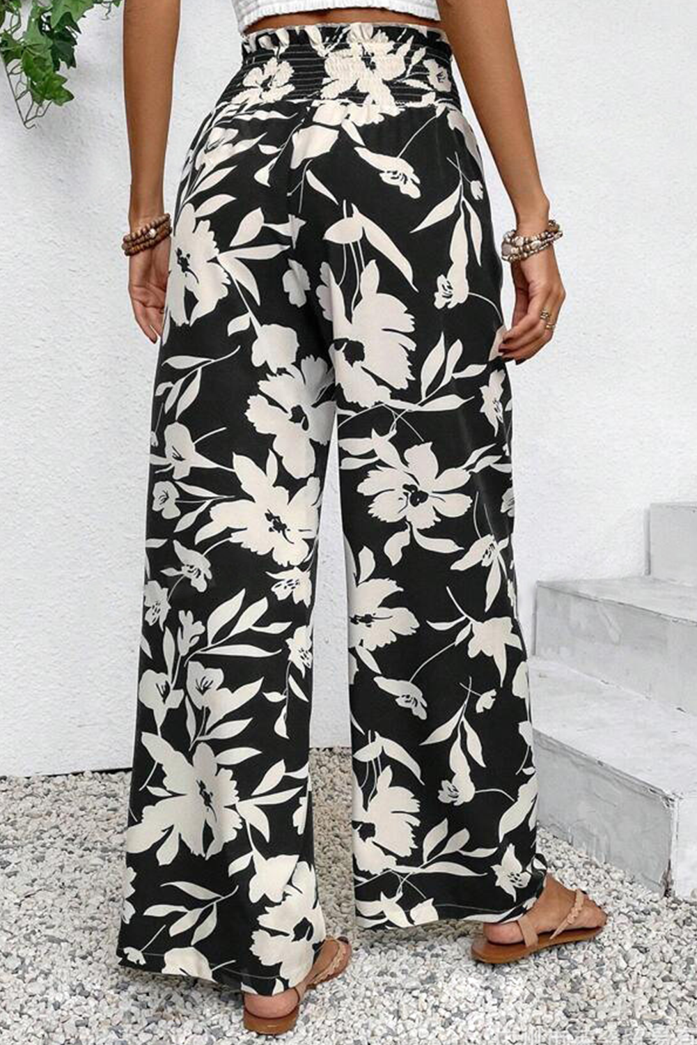 Black Floral Smocked Frill Waist Wide Leg Pants-Pants-[Adult]-[Female]-2022 Online Blue Zone Planet