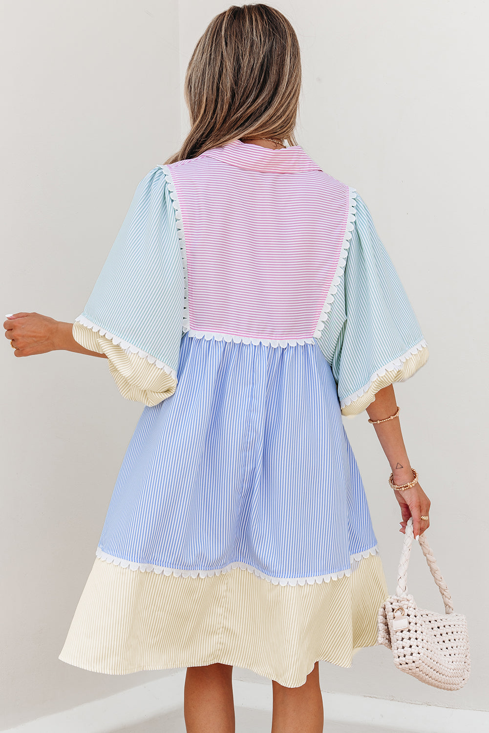Multicolour Striped Patchwork Ric Rac Puff Sleeve Collared Mini Dress-TOPS / DRESSES-[Adult]-[Female]-2022 Online Blue Zone Planet