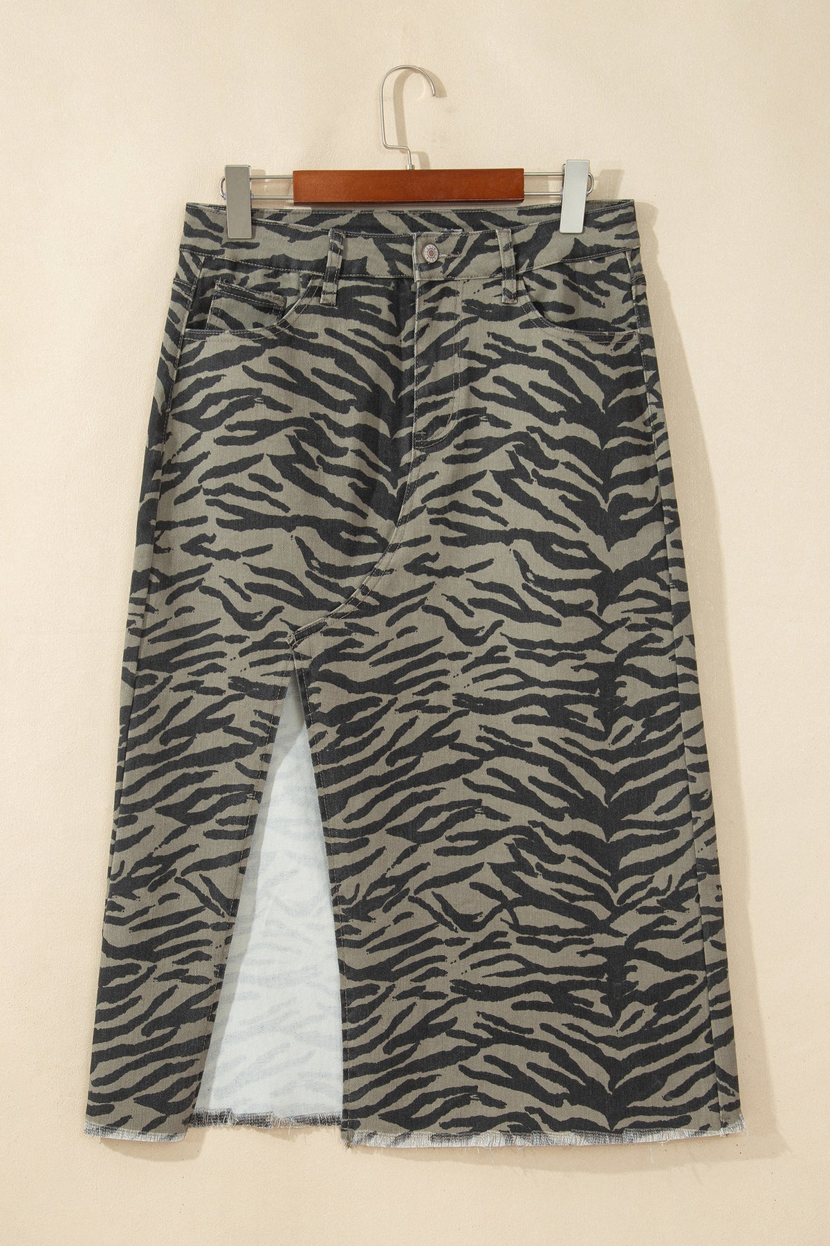 Brown Leopard Print Side Split Frayed Hem Denim Midi Skirt-Bottoms/Skirts & Petticoat-[Adult]-[Female]-2022 Online Blue Zone Planet