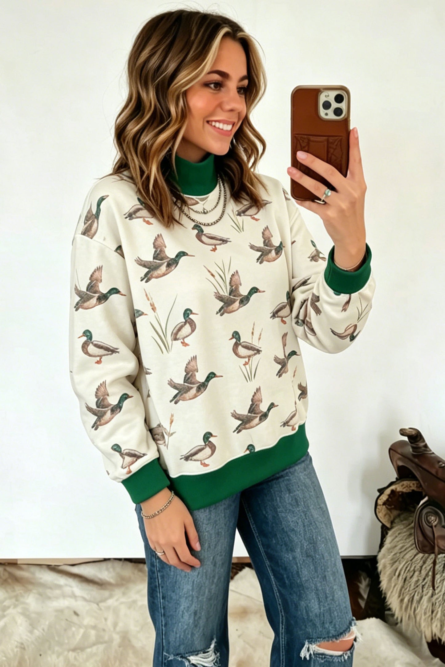 Multicolour Mallard Print Patchwork Colorblock High Neck Sweatshirt