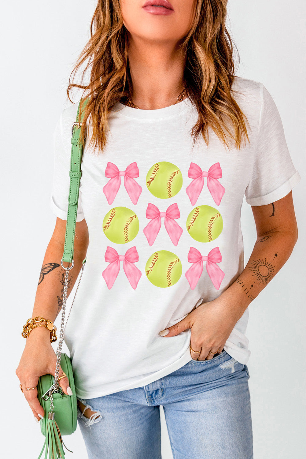 White Bow Tie Baseball Print Round Neck Casual Tee-Graphic/Graphic Tees-[Adult]-[Female]-2022 Online Blue Zone Planet