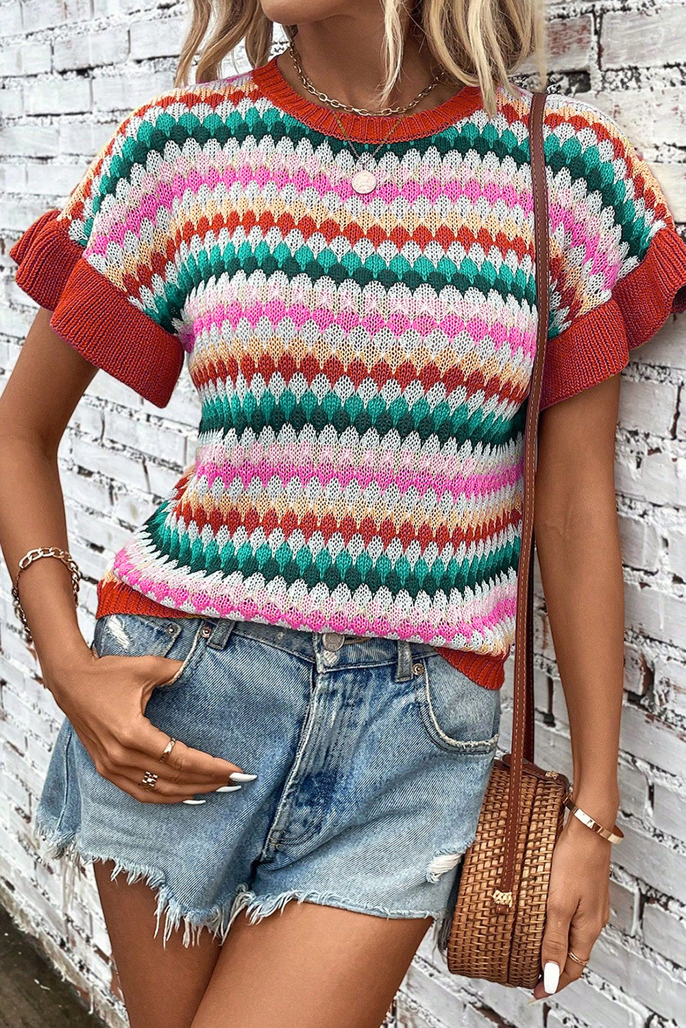 Khaki Trimmed Ruffle Sleeve Colorful Textured Sweater-TOPS / DRESSES-[Adult]-[Female]-2022 Online Blue Zone Planet