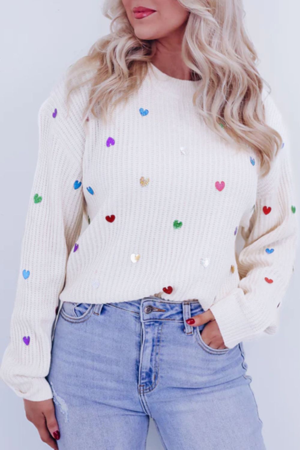 Heart Sequin Round Neck Long Sleeve Sweater-TOPS / DRESSES-[Adult]-[Female]-White-S-2022 Online Blue Zone Planet