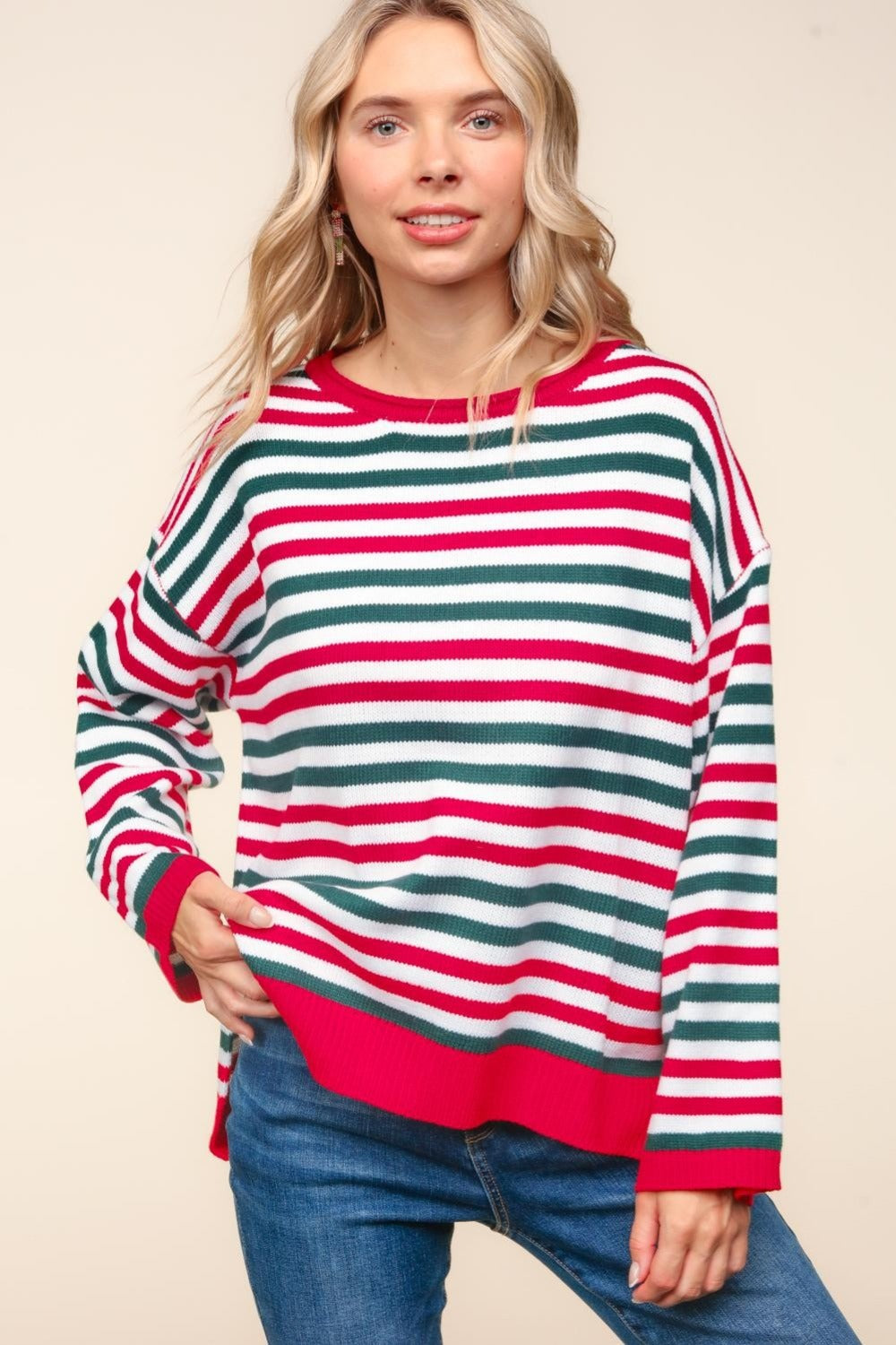 Blue Zone Planet | Haptics Full Size Striped Contrast Side Slit Knit Top-TOPS / DRESSES-[Adult]-[Female]-2022 Online Blue Zone Planet