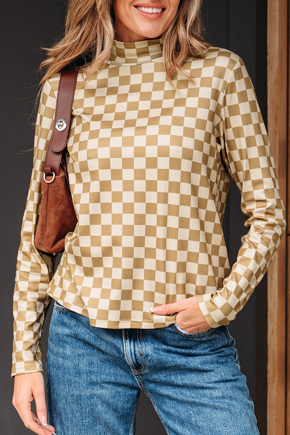 Khaki Check Pattern Turtleneck Ribbed Slim Long Sleeve Tee-Tops/Long Sleeve Tops-[Adult]-[Female]-2022 Online Blue Zone Planet