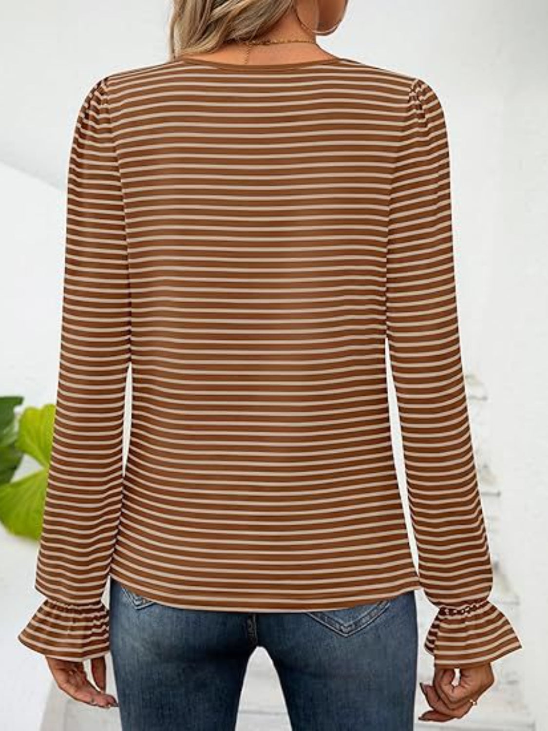 Striped Square Neck Flounce Sleeve Top-TOPS / DRESSES-[Adult]-[Female]-2022 Online Blue Zone Planet