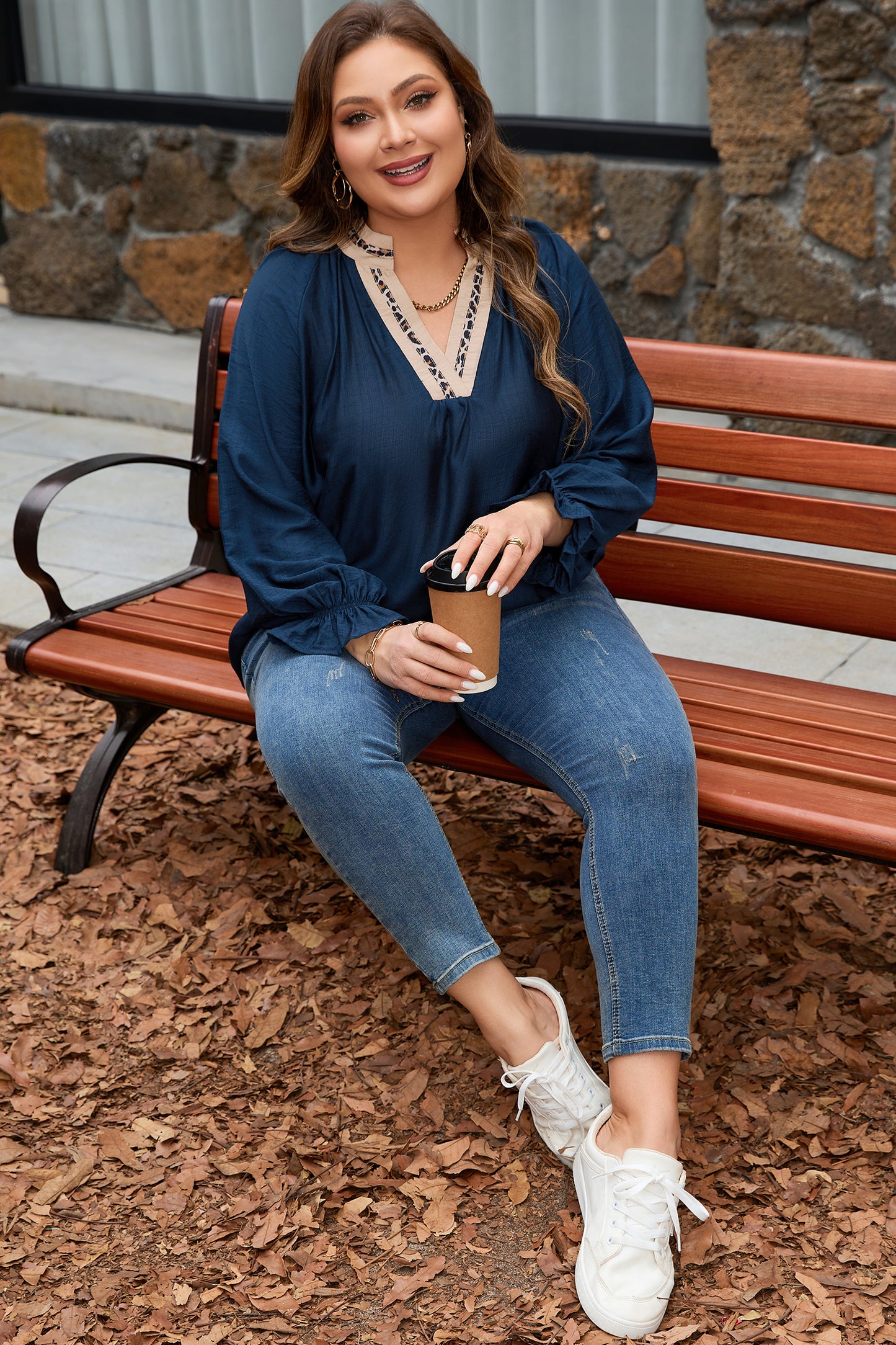 Navy Blue Contrast Leopard Patchwork Collar Plus Size Long Flounce Sleeve Blouse-Plus Size/Plus Size Tops/Plus Size Blouses & Shirts-[Adult]-[Female]-2022 Online Blue Zone Planet