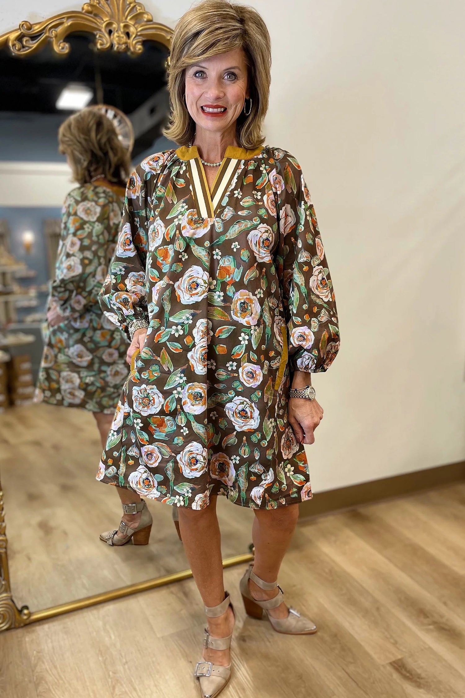 Brown Floral Print Contrast Trim V Neck Pocketed Long Sleeve Mini Dress-TOPS / DRESSES-[Adult]-[Female]-2022 Online Blue Zone Planet