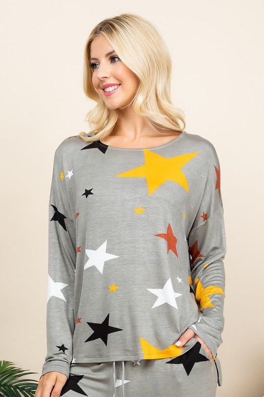 Blue Zone Planet | Super Lady High-Low Star Print Long Sleeve Lounge Top-TOPS / DRESSES-[Adult]-[Female]-Taupe-S-2022 Online Blue Zone Planet